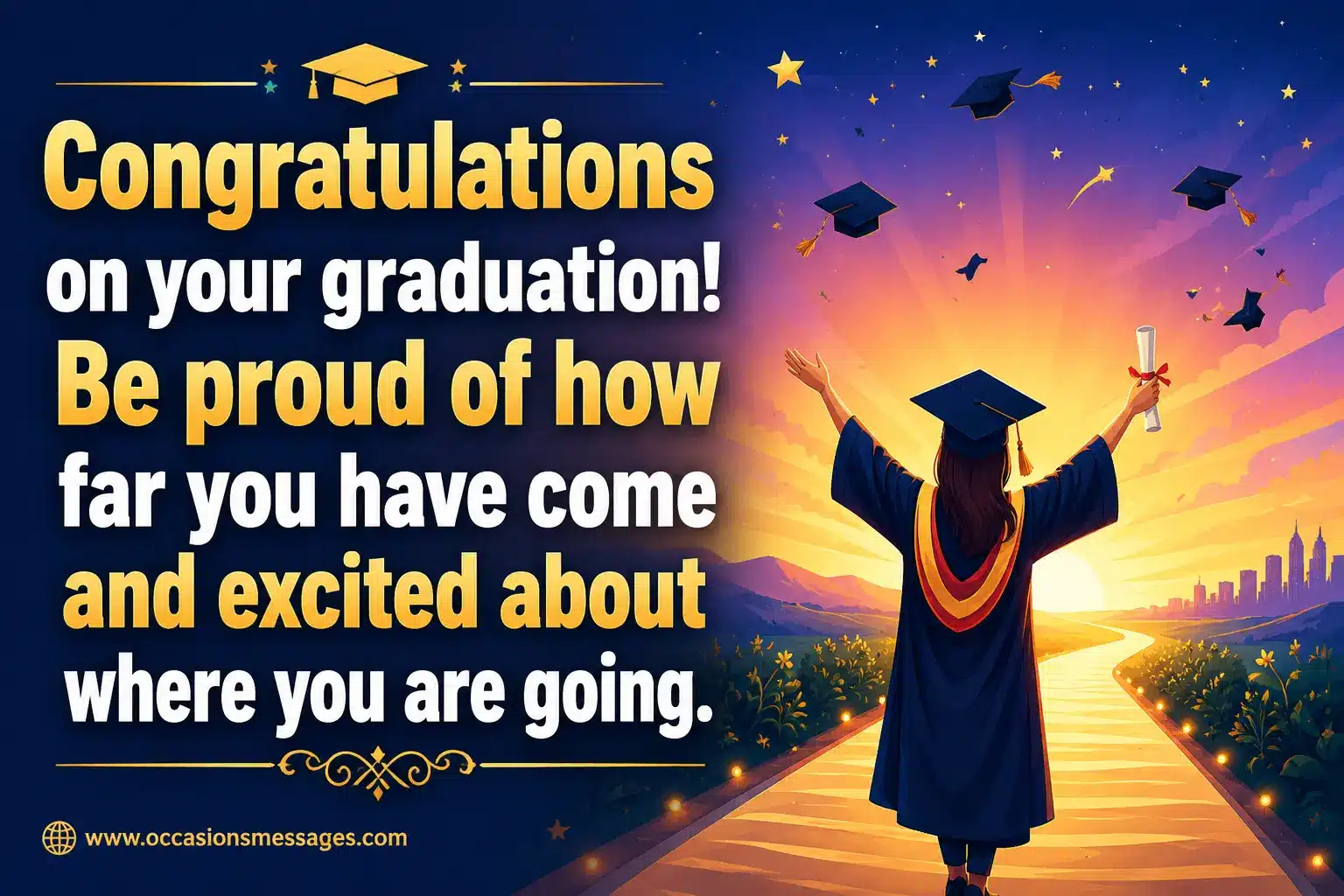 Inspirational illustrated graduation scene with a proud graduate looking toward a bright future, celebrating achievement, confidence, and exciting new beginnings.