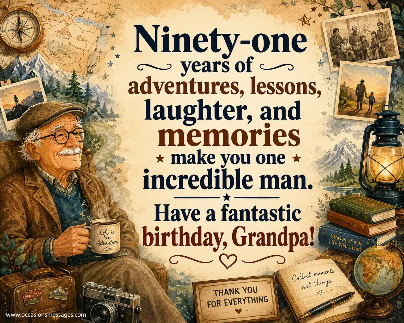 A nostalgic hand-drawn birthday illustration honoring a grandfather at 91, featuring travel memories, mountains, books, vintage maps, stars, and joyful birthday elements.