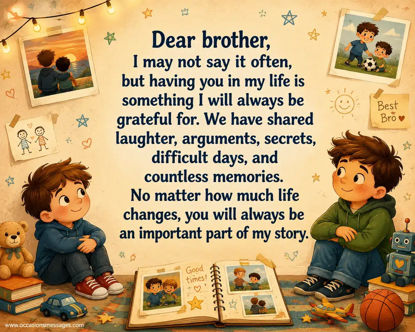 Heartfelt illustrated brothers surrounded by childhood memories and family symbols, expressing lifelong gratitude and appreciation for a brother.