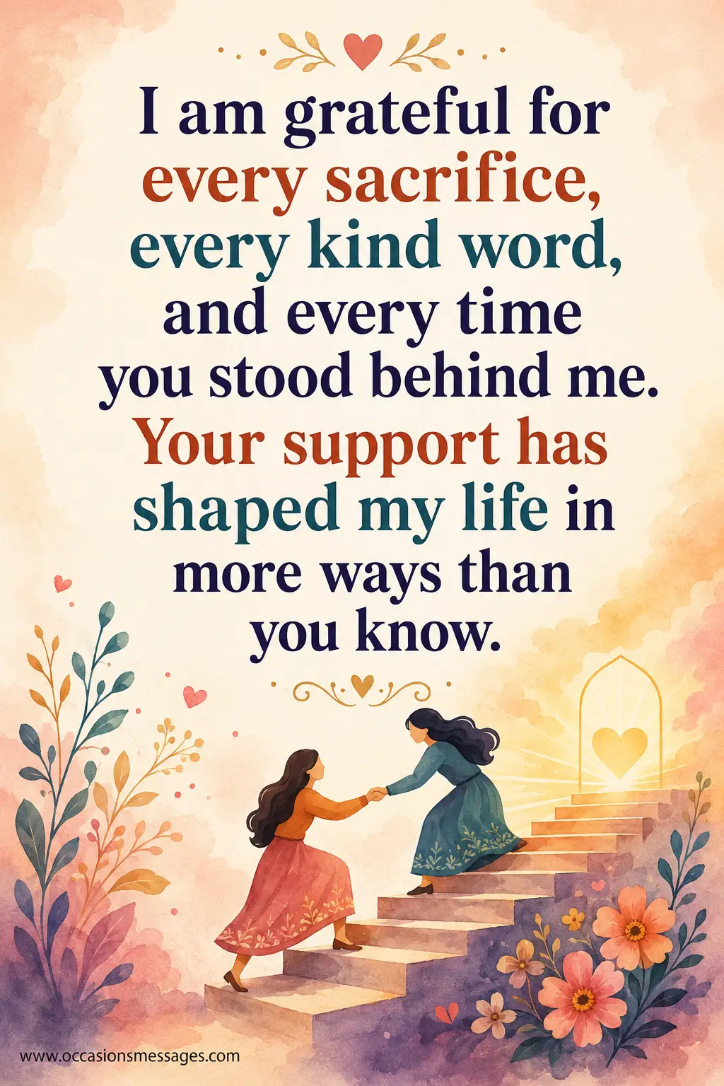 Watercolor scene of one person helping another toward a bright horizon, symbolizing gratitude for sacrifices, kindness, and life-changing support.