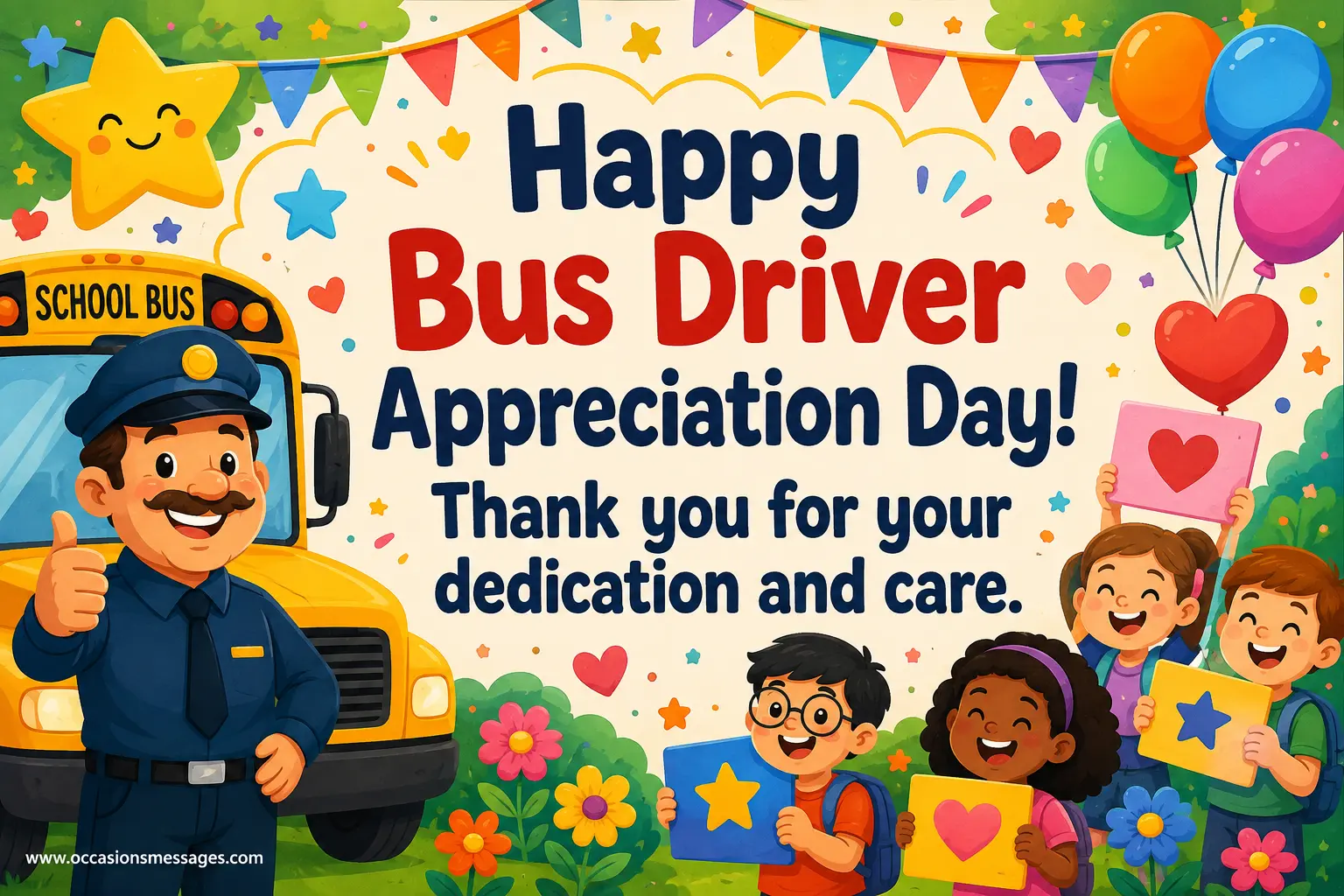 8. Festive school bus appreciation illustration with a cheerful driver, children, balloons, and hearts celebrating dedication and care.