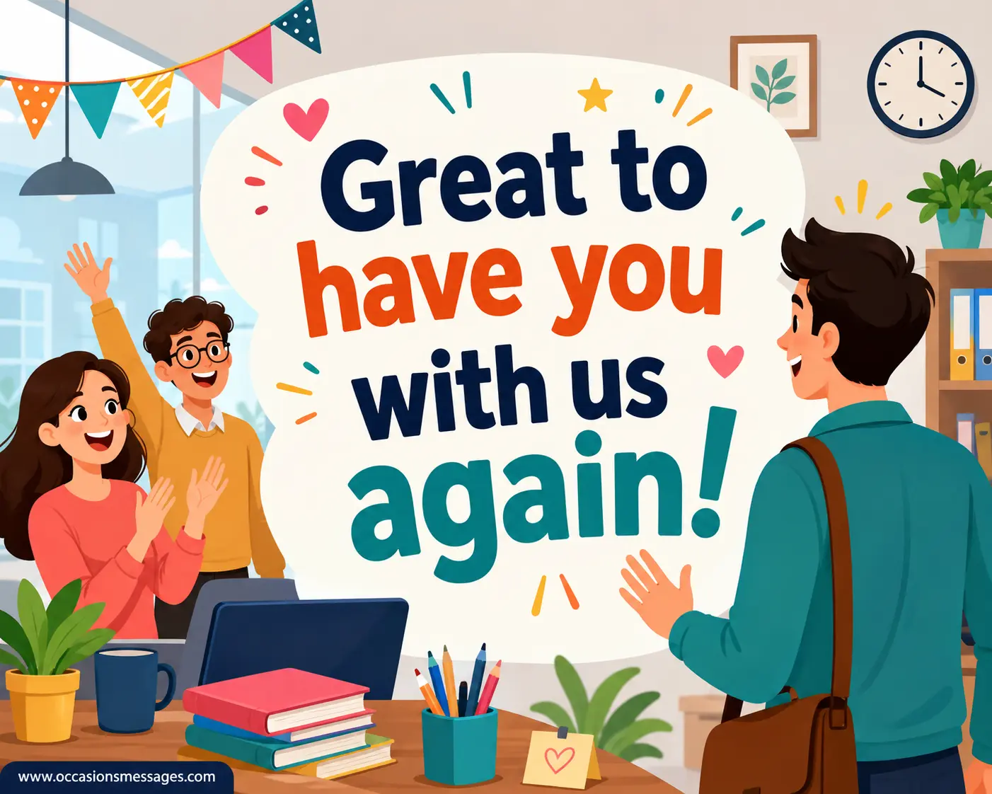 2. Cheerful cartoon workplace with teammates welcoming a returning colleague, expressing happiness about having them back on the team.