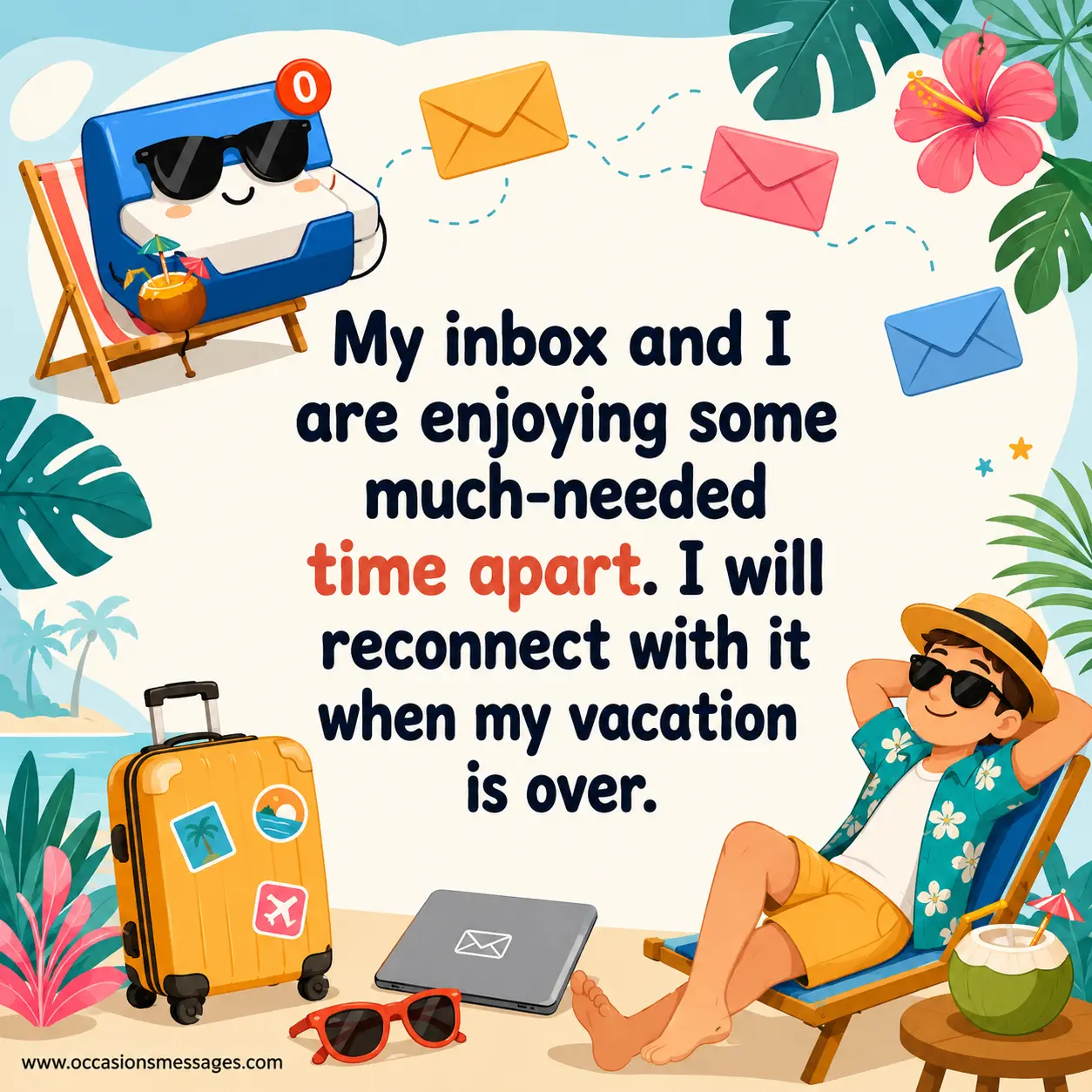 4. Playful vector illustration of a cartoon email inbox and traveler taking a vacation break, representing a humorous temporary separation from work email.