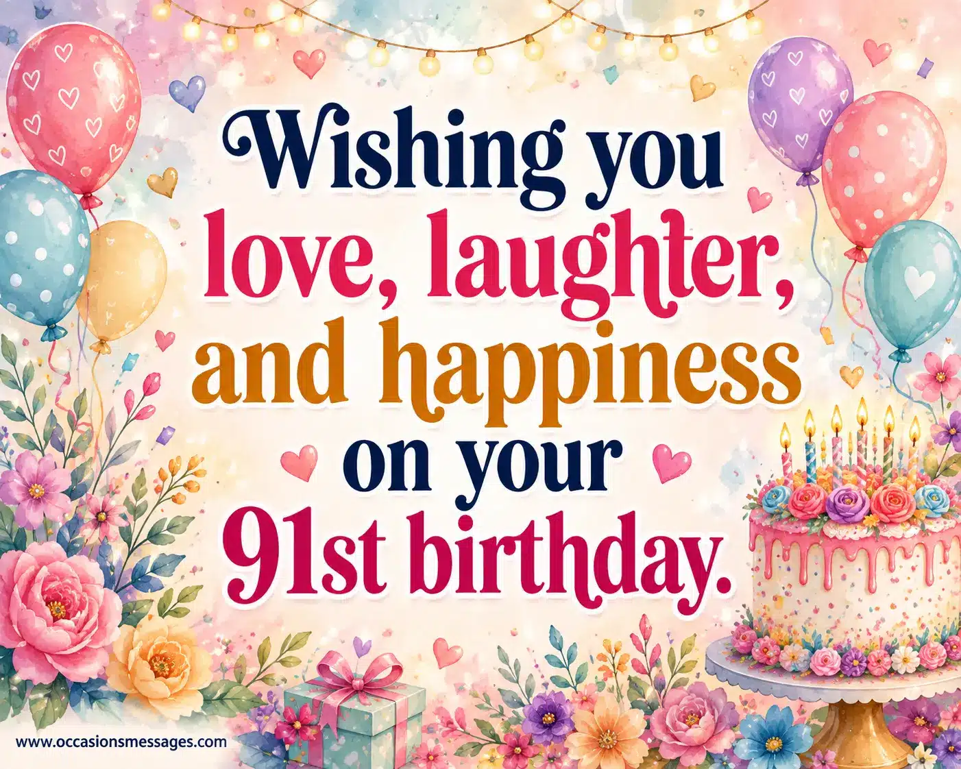 A cheerful whimsical 91st birthday celebration featuring colorful balloons, flowers, cake, hearts, confetti, and warm visual elements expressing love, laughter, and happiness.