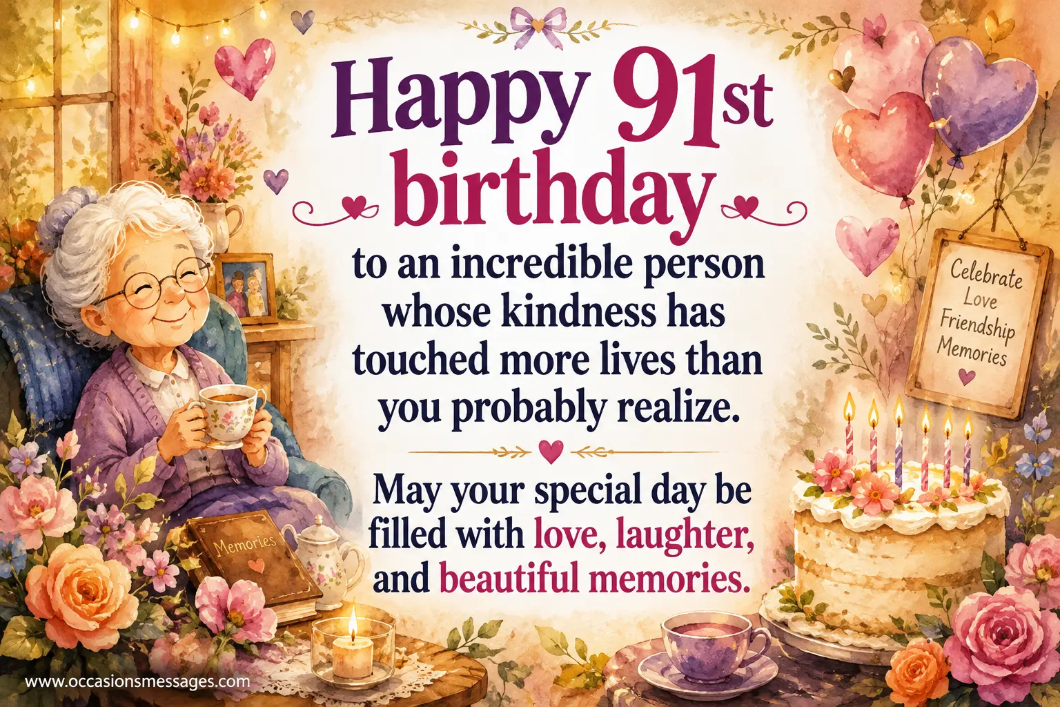 A whimsical watercolor 91st birthday illustration surrounded by flowers, hearts, warm light, and symbols of kindness and cherished memories, featuring a heartfelt birthday message.