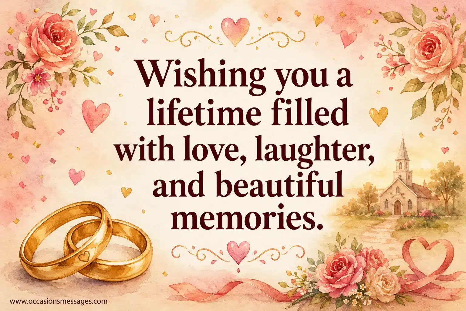 1. Elegant watercolor wedding illustration with rings, flowers, hearts, and a joyful message about a lifetime of love, laughter, and beautiful memories.