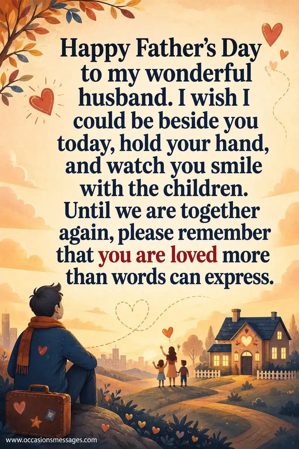 Loving illustrated family separated from their husband and father on Father's Day, expressing heartfelt long-distance love and hope for reunion.