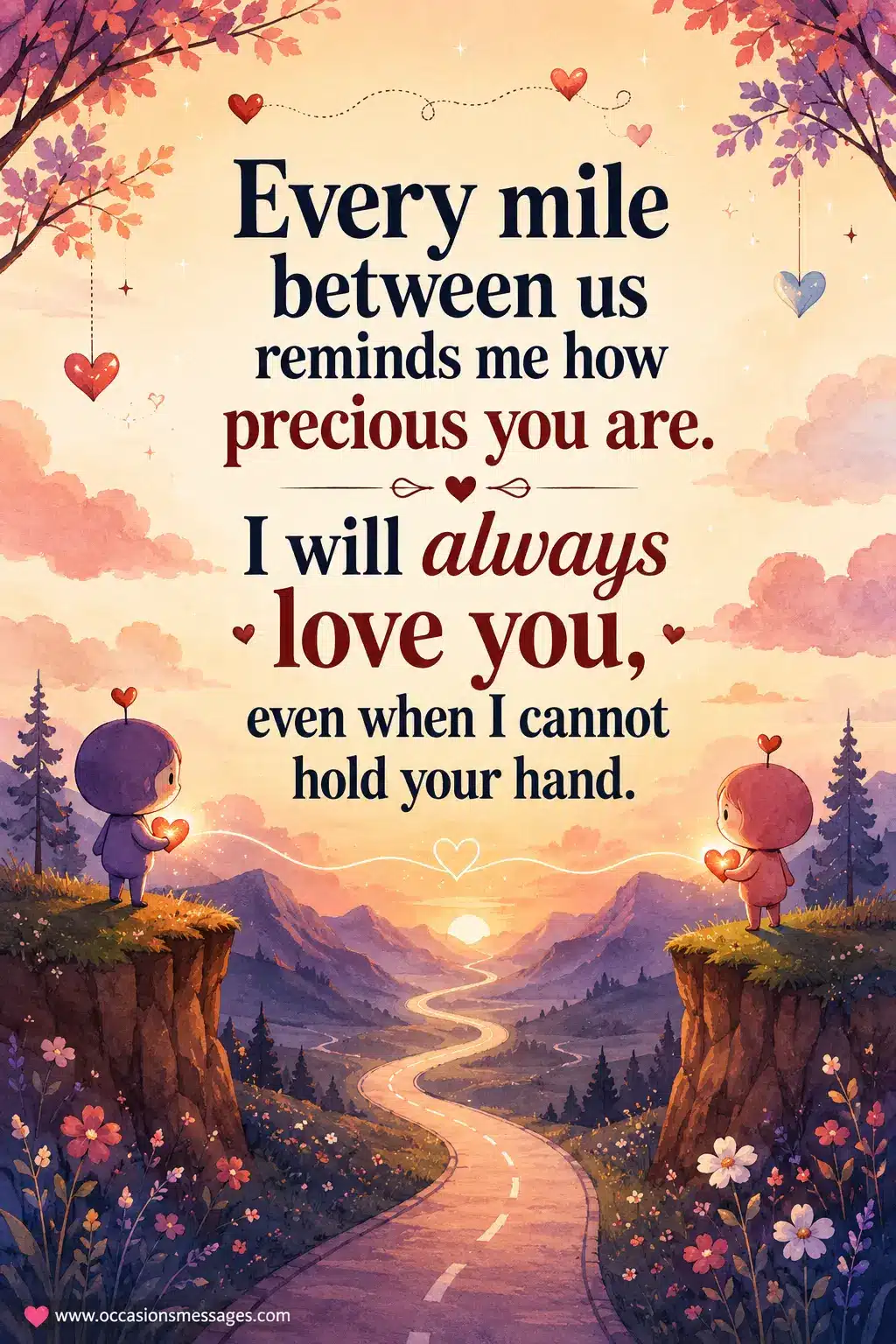 Whimsical long-distance love illustration showing two cartoon figures separated by a scenic road with glowing hearts connecting them across the miles.