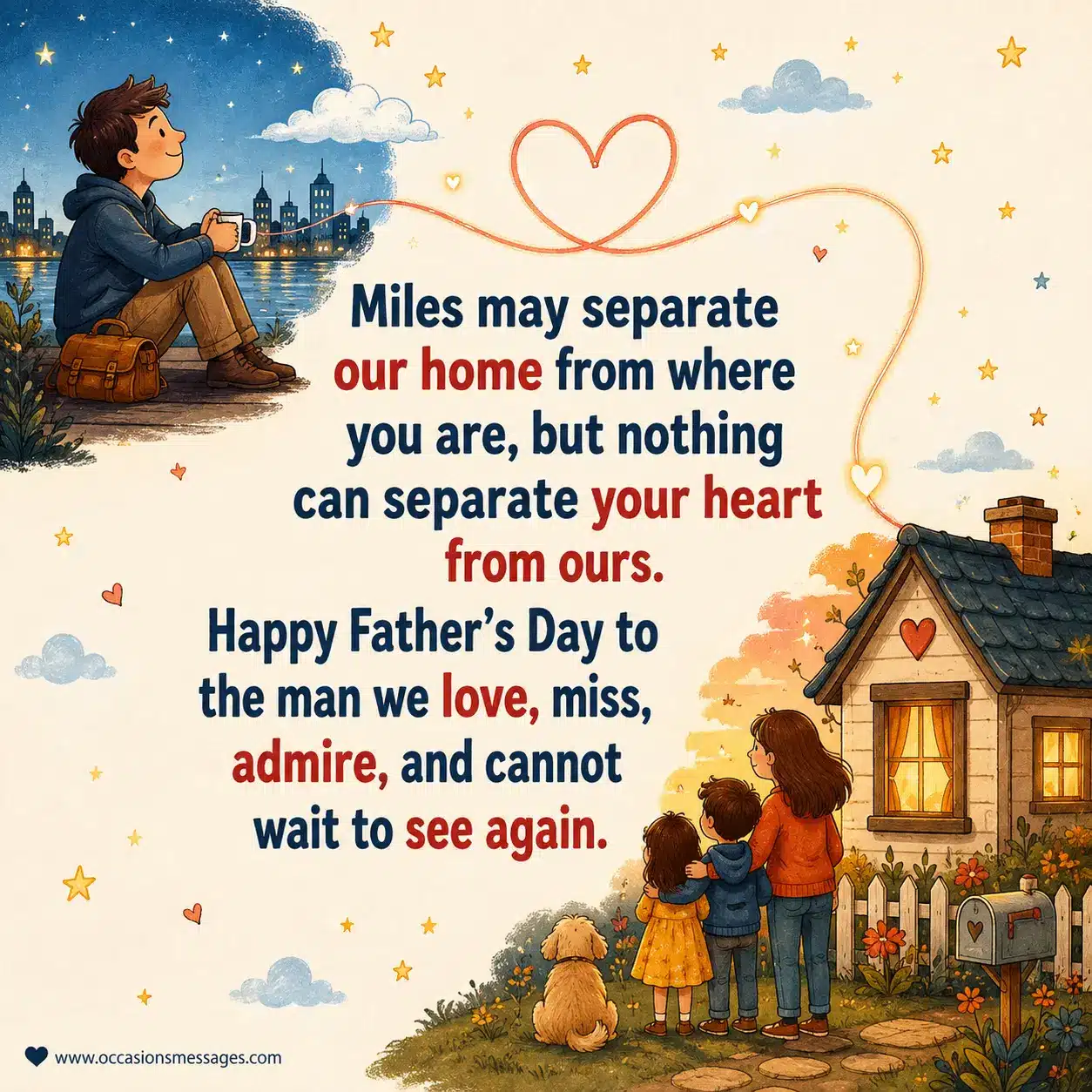Stylized family scene connected across miles by a heart-shaped line, representing enduring love and admiration for a husband and father on Father's Day.