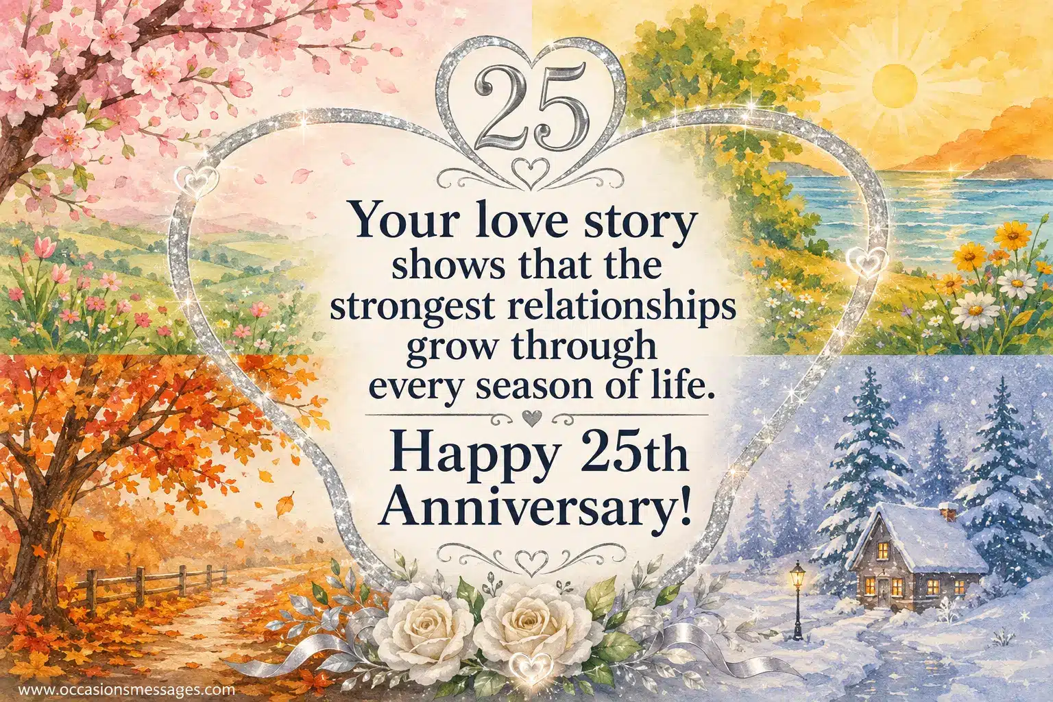 7. Colorful seasonal anniversary illustration showing spring, summer, autumn, and winter connected by a heart-shaped path, symbolizing love growing stronger through every season of a 25-year marriage.
