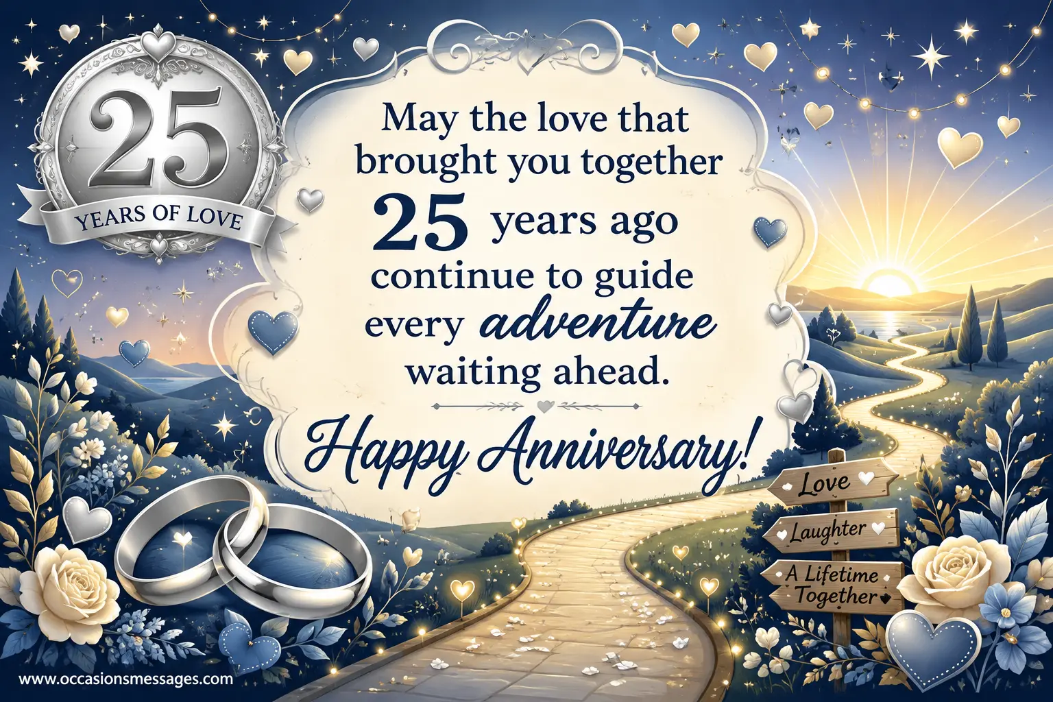 6. Stylized anniversary illustration showing wedding rings, a glowing path, hearts, stars, and a sunrise representing love guiding a couple toward new adventures after 25 years together.