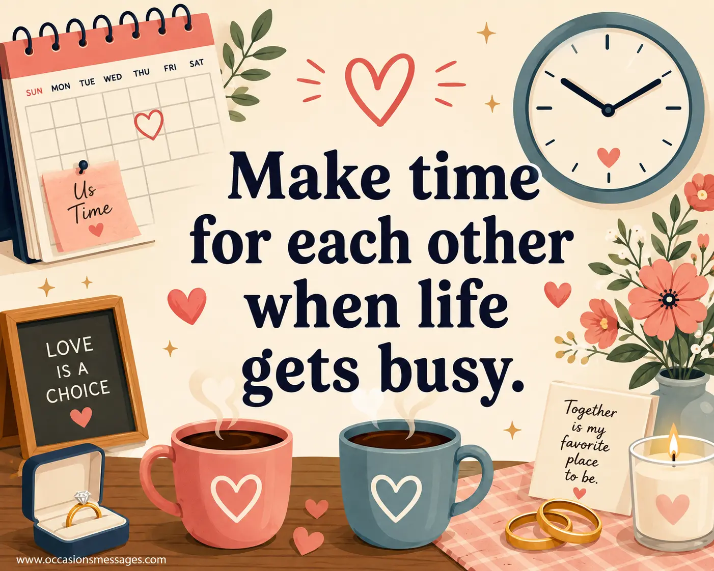 7. Modern flat wedding illustration featuring clocks, calendars, coffee cups, hearts, and romantic details encouraging couples to make time for each other during busy life.
