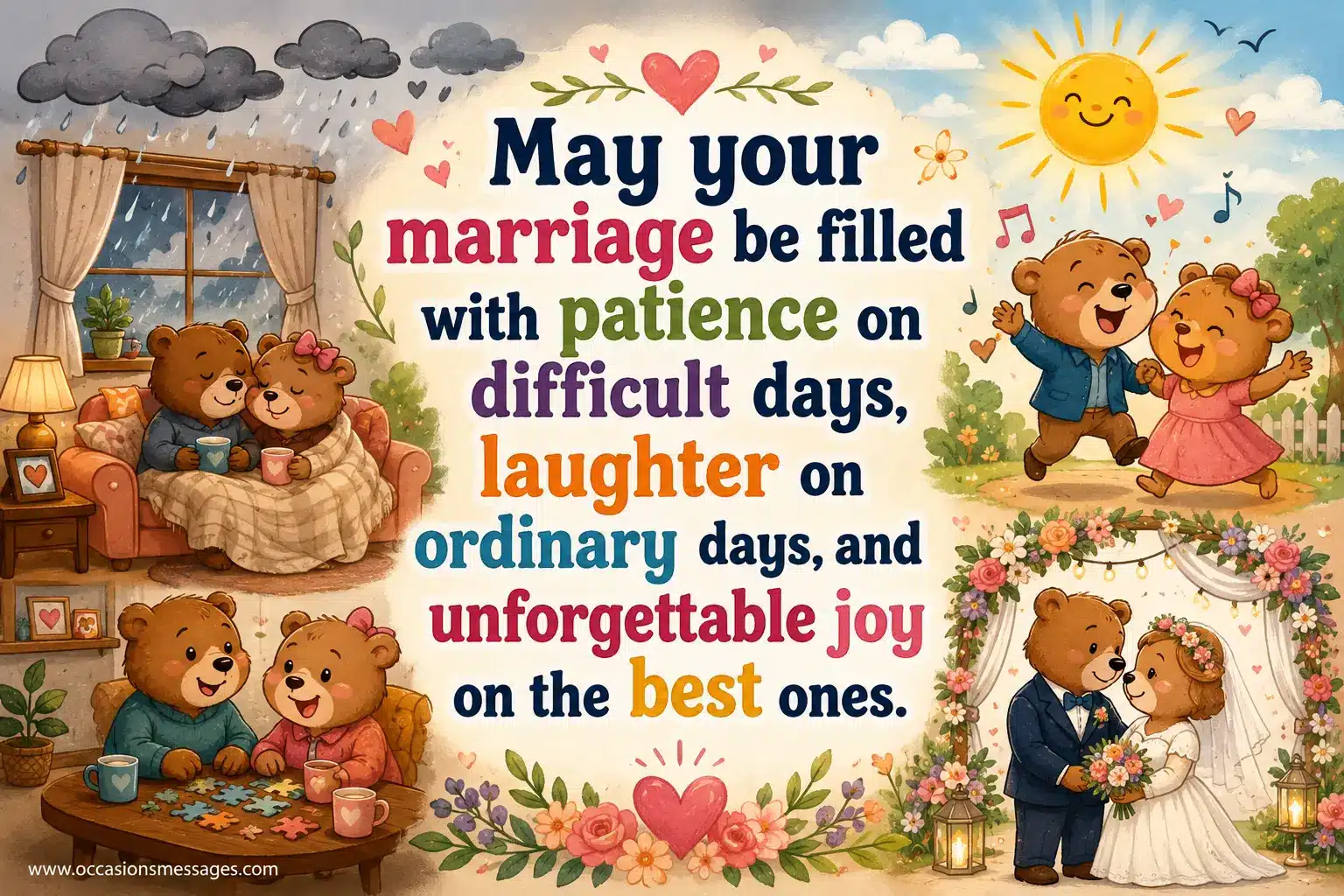2. Whimsical marriage-themed illustration showing changing seasons and joyful symbols while expressing patience, laughter, and unforgettable happiness throughout married life.