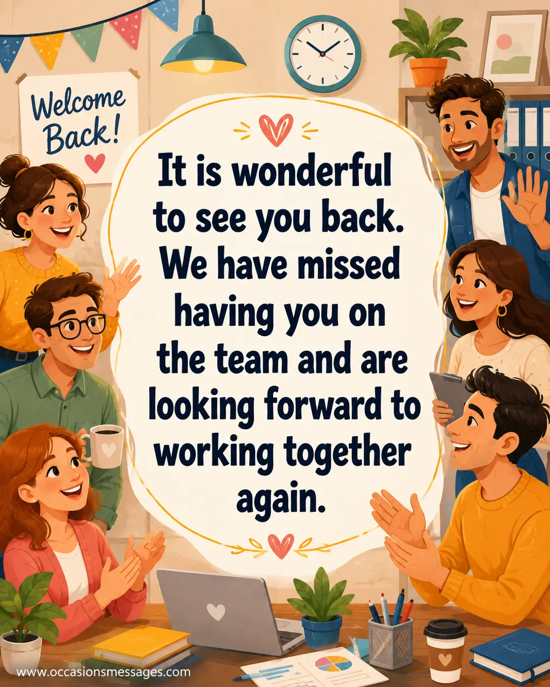 6. Warm 2D illustration of coworkers happily reunited with a returning team member, expressing that the employee was missed and is welcomed back.