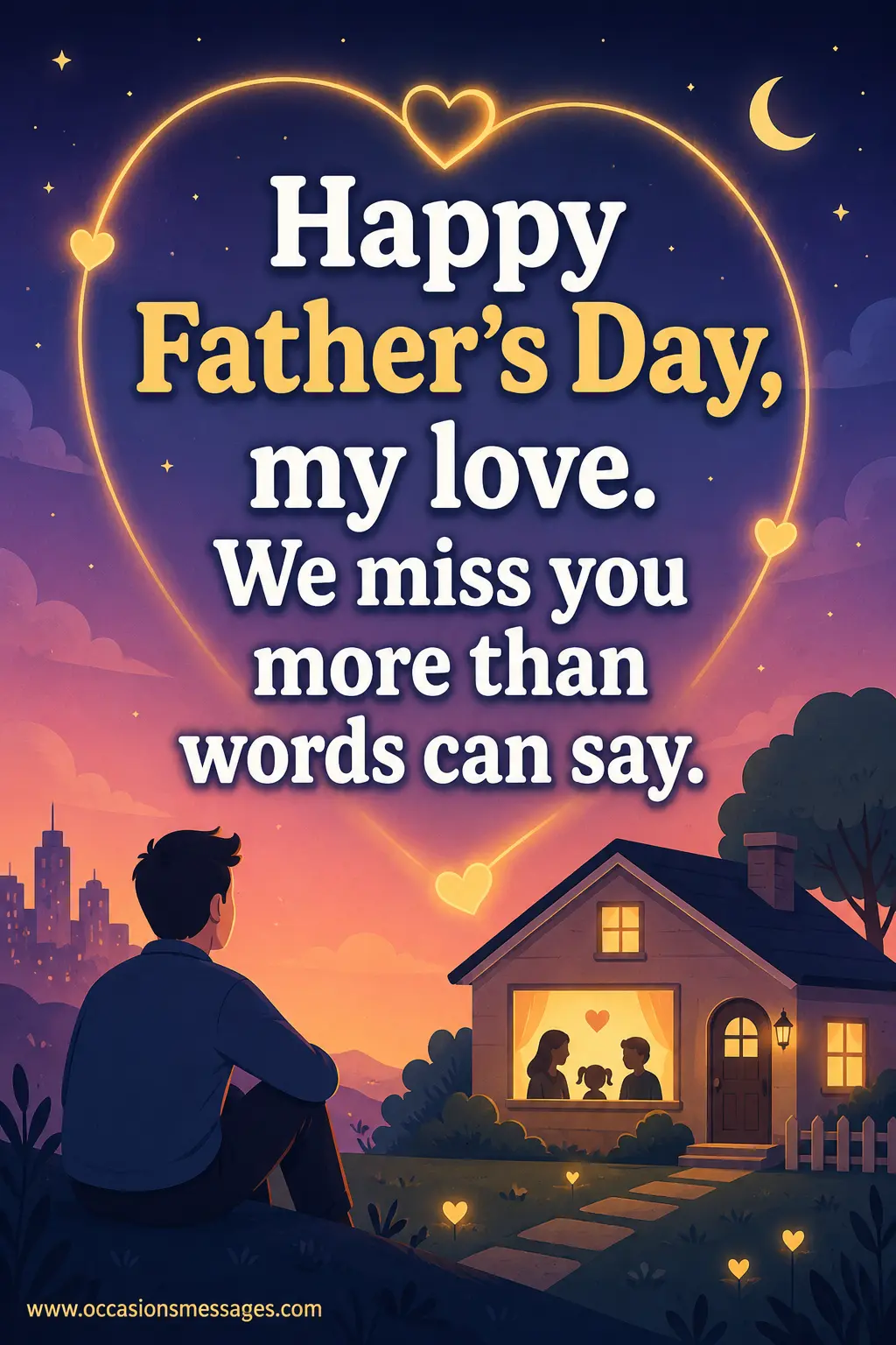 Minimal illustrated long-distance family scene with a glowing heart and peaceful evening sky, expressing how much a loved one is missed on Father's Day.
