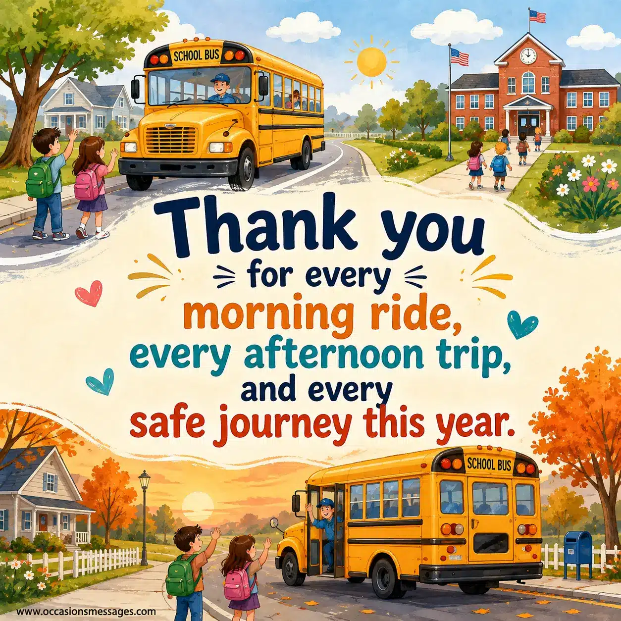 7. Illustrated morning and afternoon school bus journeys with children, representing gratitude for every ride and safe trip throughout the year.