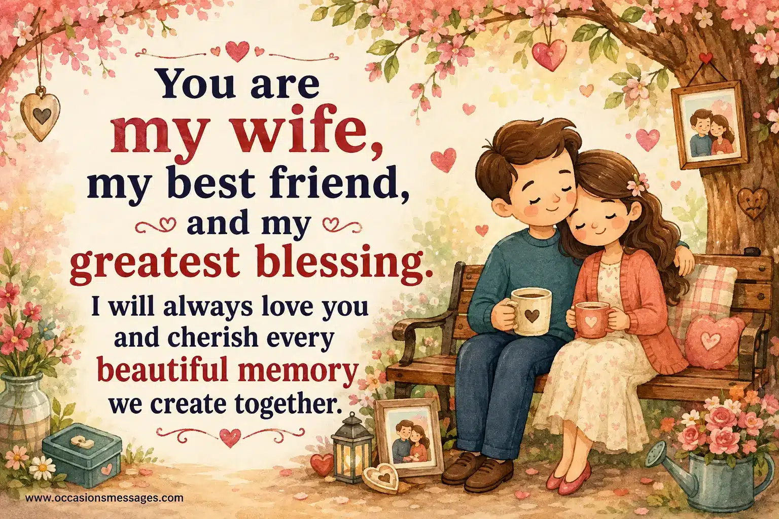 Heartwarming illustrated couple beneath a flowering tree with keepsakes and hearts, representing a wife who is a best friend, blessing, and cherished lifelong companion.