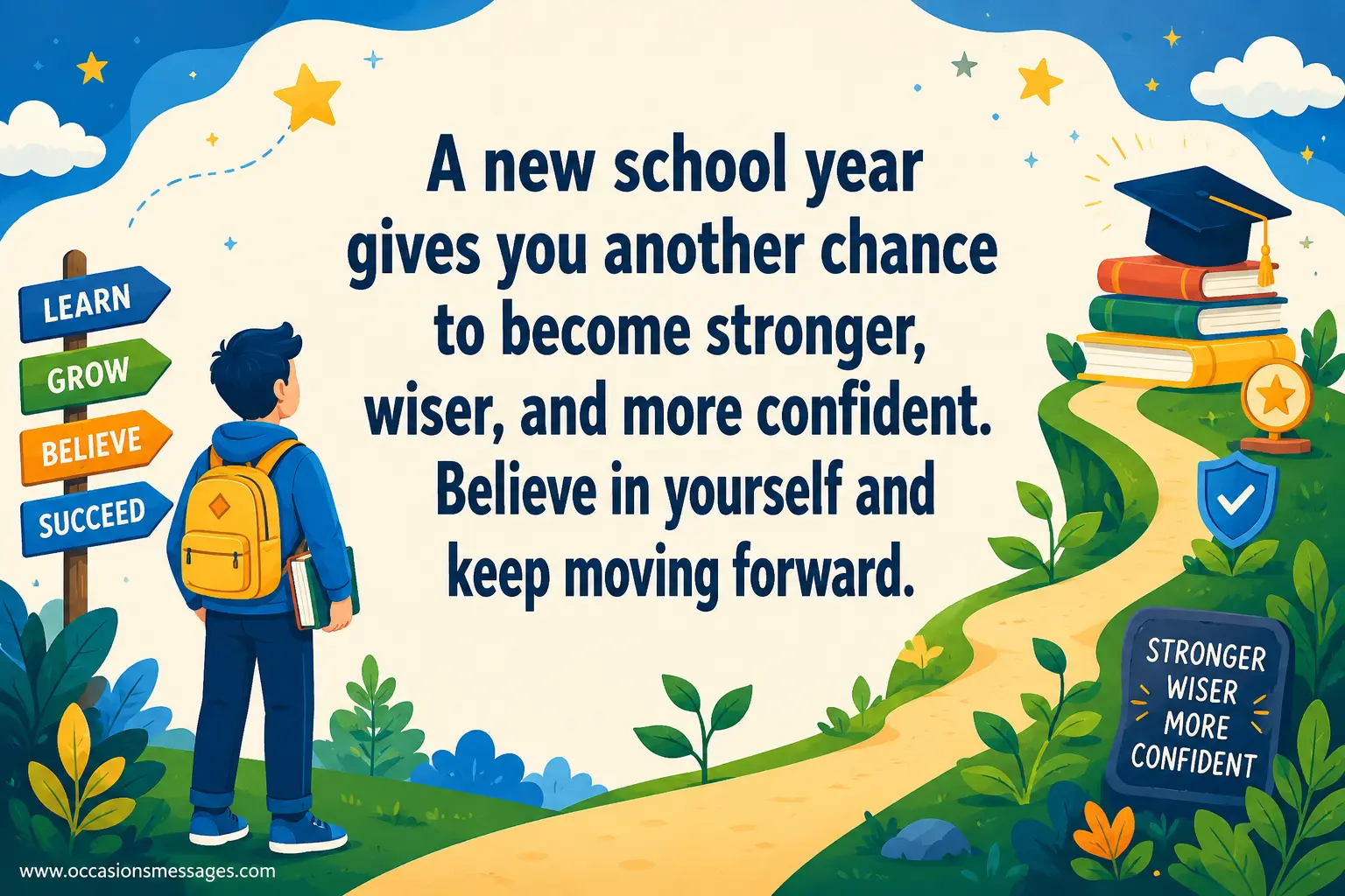 Inspirational flat illustration of a student moving along an upward school path with books and growth symbols, representing confidence, wisdom, strength, and personal progress.