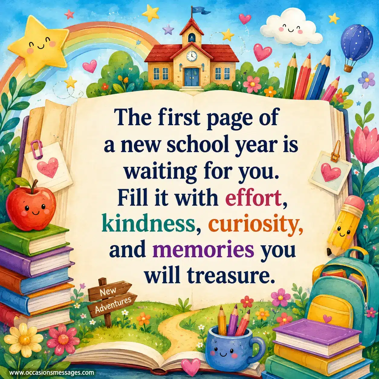 Whimsical open-book illustration transforming into a colorful school journey with stars, pencils, flowers, and learning symbols, representing a new school year filled with effort, kindness, curiosity, and treasured memories.