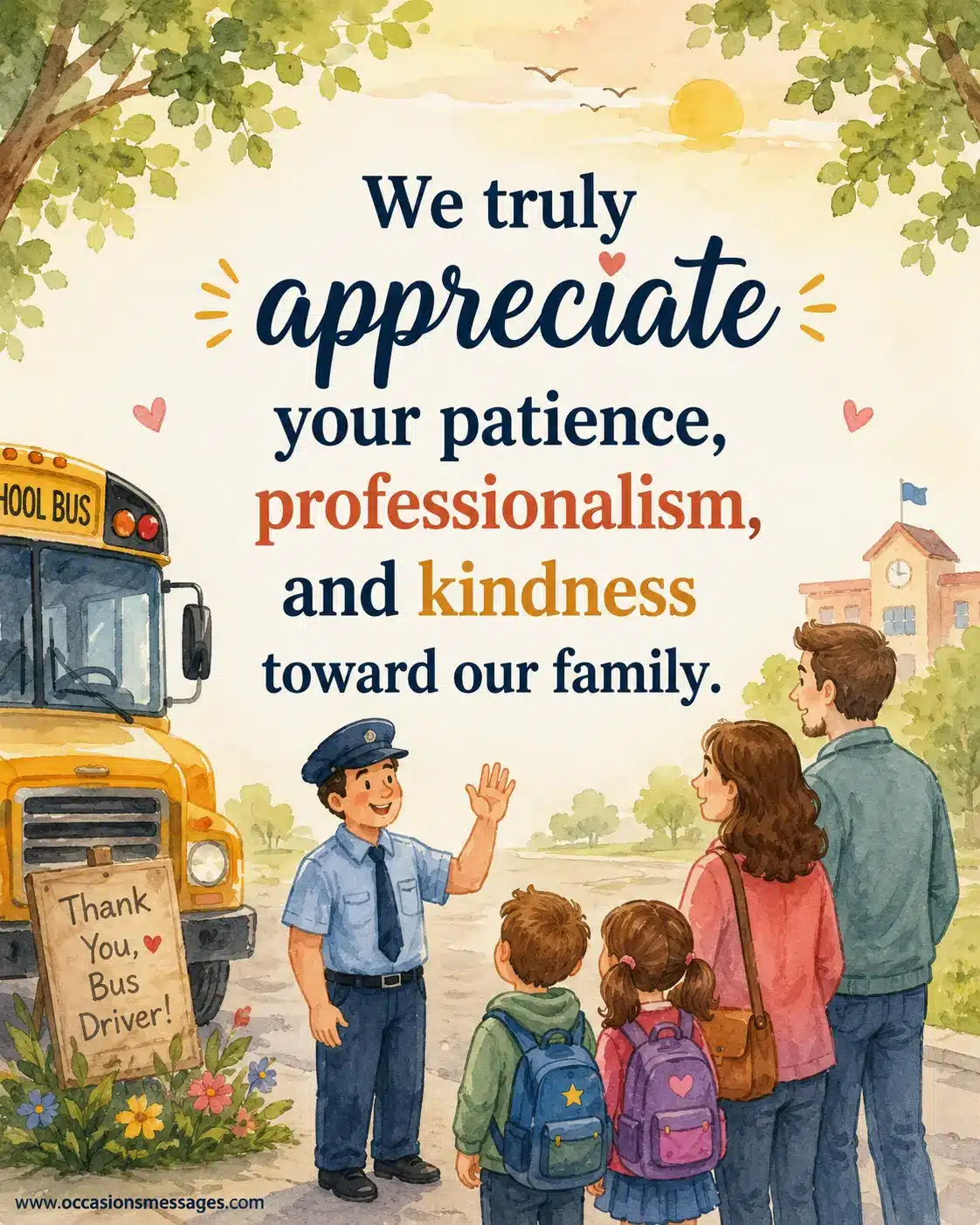 4. Warm watercolor illustration of a bus driver greeting a family, representing appreciation for patience, professionalism, and kindness.