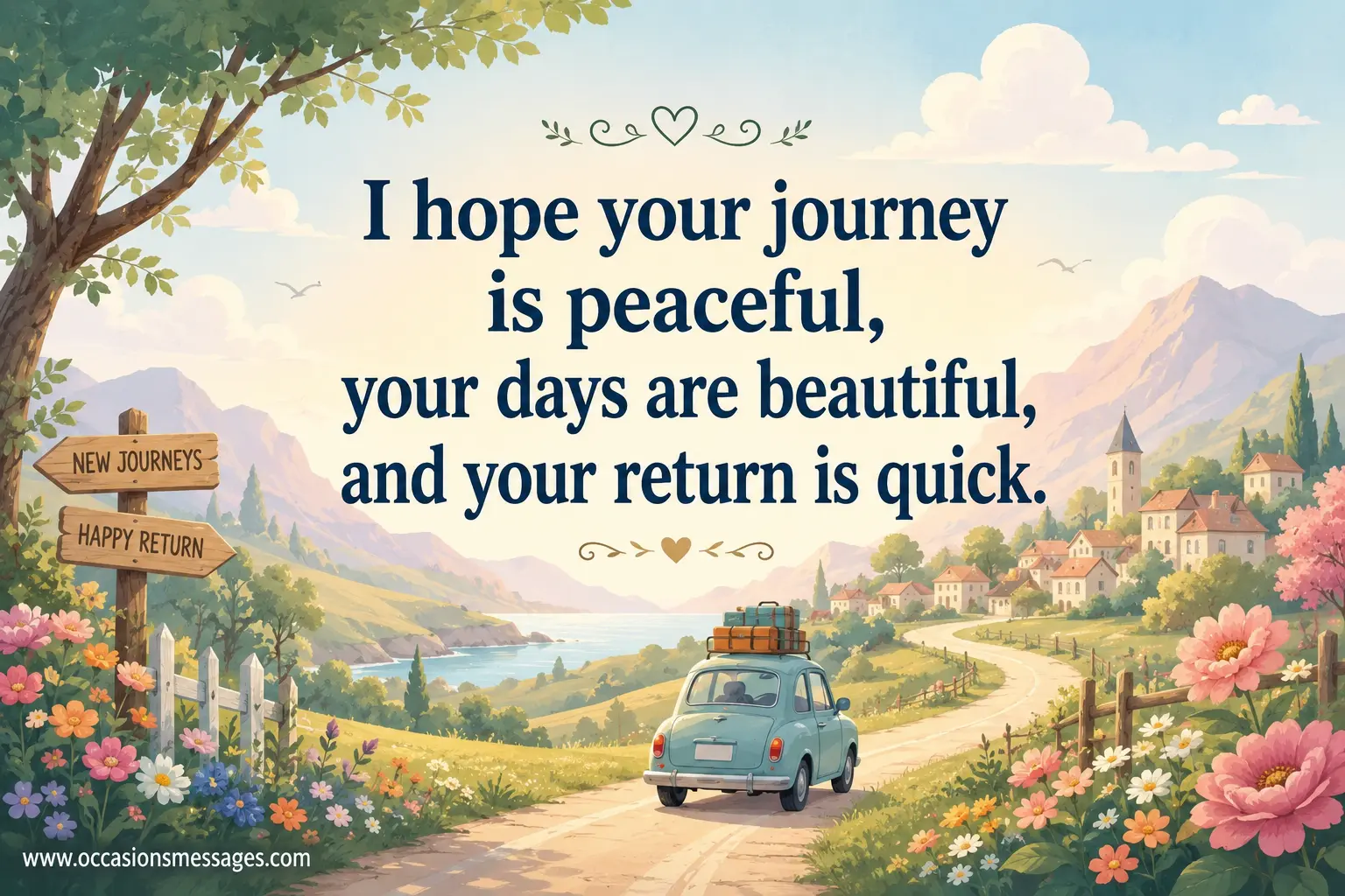A tranquil pastel travel scene with a winding path, flowers, and soft sunlight conveying peaceful travels, beautiful days, and a quick return.