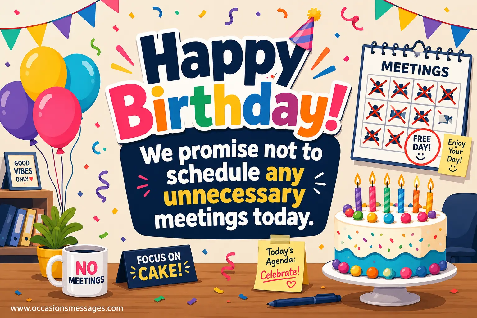 3. Playful vector office birthday scene with a cake, balloons, and canceled meeting symbols highlighting a humorous birthday promise from employees.