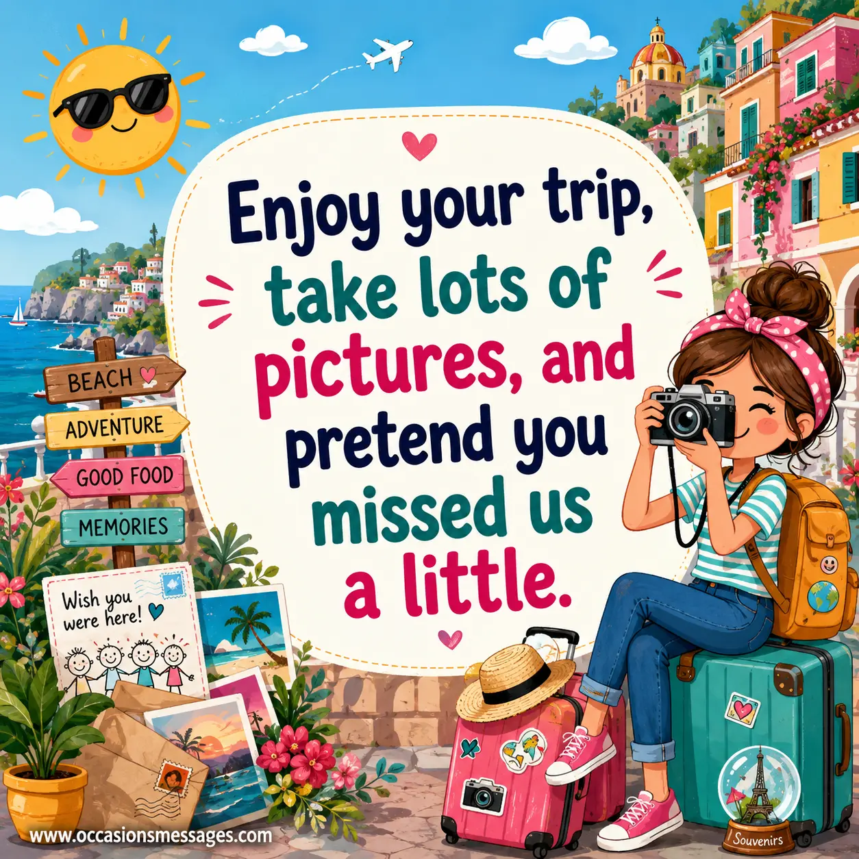 A playful cartoon travel scene with a camera, luggage, and vacation details expressing fun memories and playful thoughts of home.