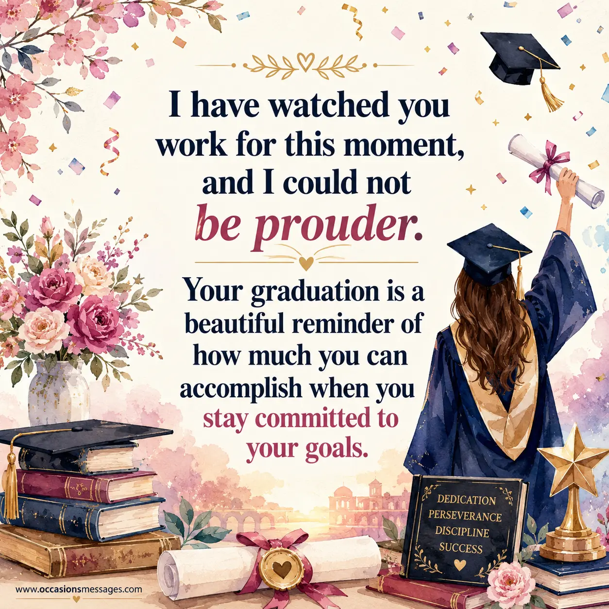 Heartwarming watercolor graduation illustration showing a successful graduate surrounded by symbols of dedication, hard work, accomplishment, and pride.