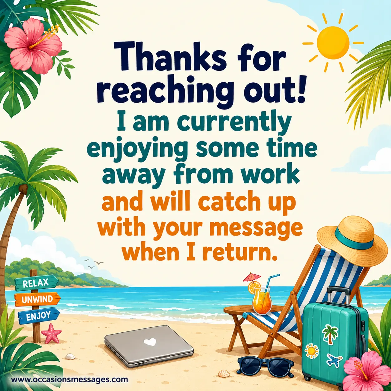 3. Whimsical vacation illustration featuring a relaxed cartoon professional, beach accessories, and a laptop set aside, symbolizing time away from work and catching up later.