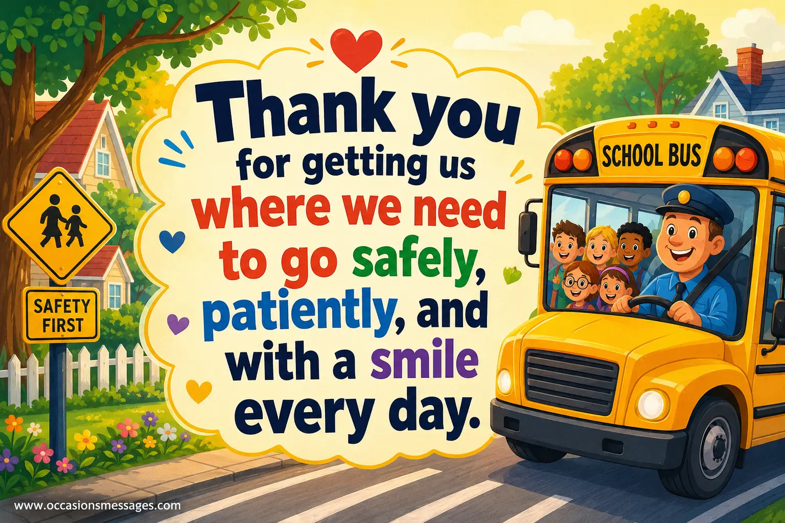 1. Stylized school bus scene with a cheerful driver and children representing gratitude for safe, patient, and friendly daily transportation.