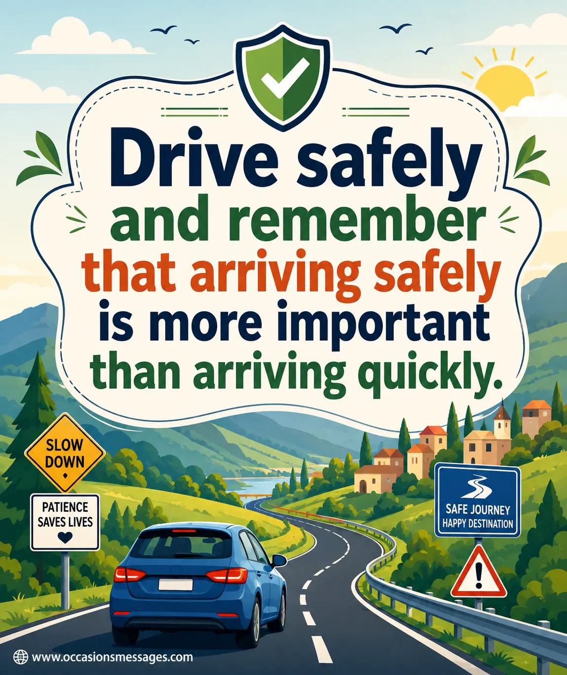 A stylized safe-driving illustration with a careful vehicle, road signs, and safety symbols emphasizing the importance of arriving safely.