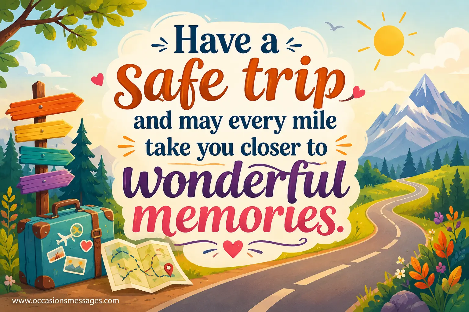 A whimsical travel illustration with a scenic road and mountains representing a safe trip filled with wonderful memories.