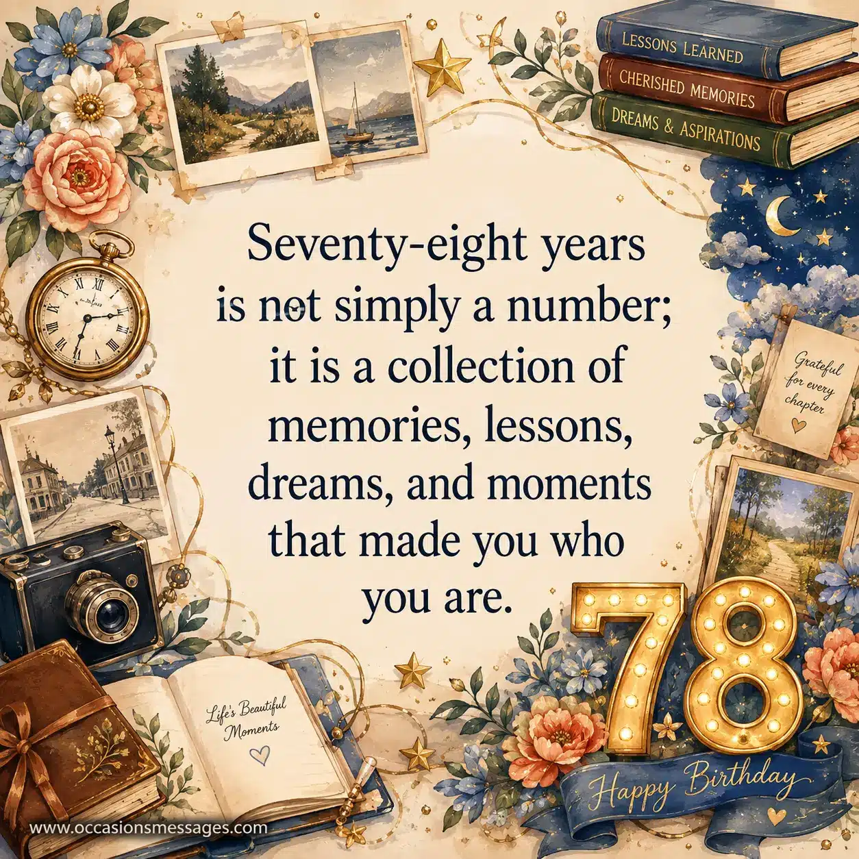 3. Artistic 78-year life journey illustration with photographs, books, dreams, flowers, and meaningful symbols representing memories and life lessons.