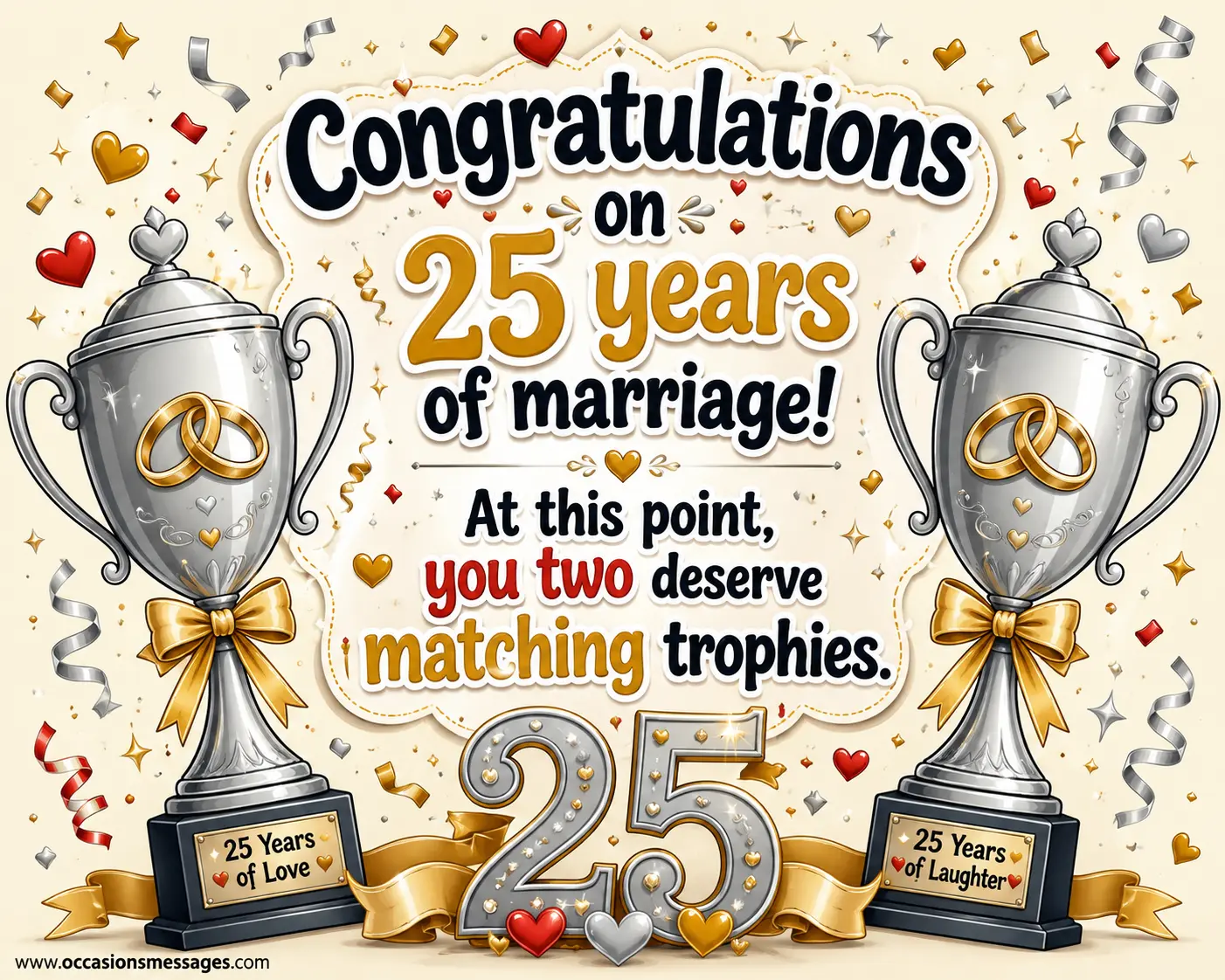 3. Playful cartoon anniversary scene with matching silver trophies, wedding rings, hearts, and confetti celebrating friends who have reached 25 years of marriage.