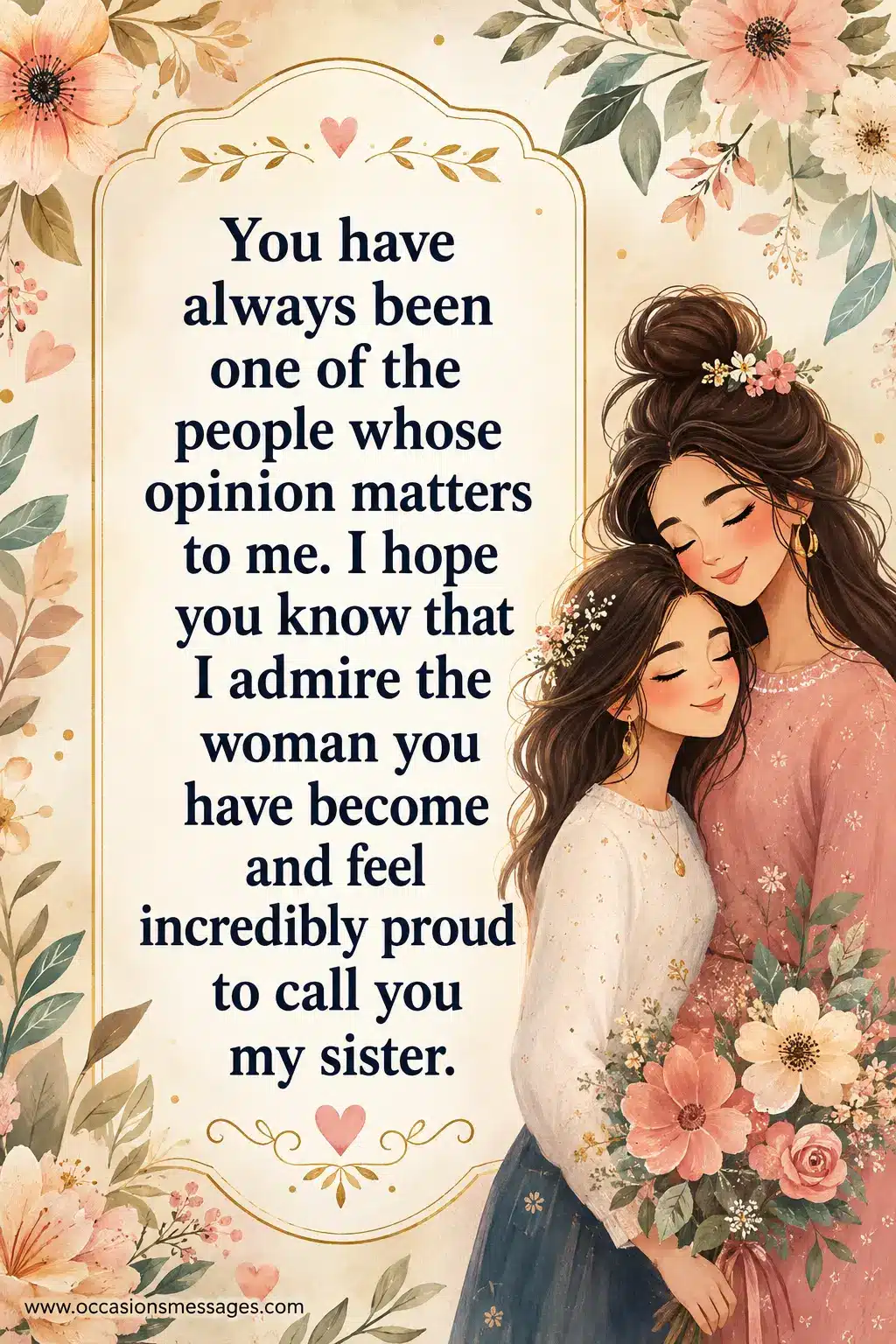 3. Elegant illustrated sisterhood scene showing two sisters standing together with admiration and pride, representing appreciation for the woman a beloved sister has become.