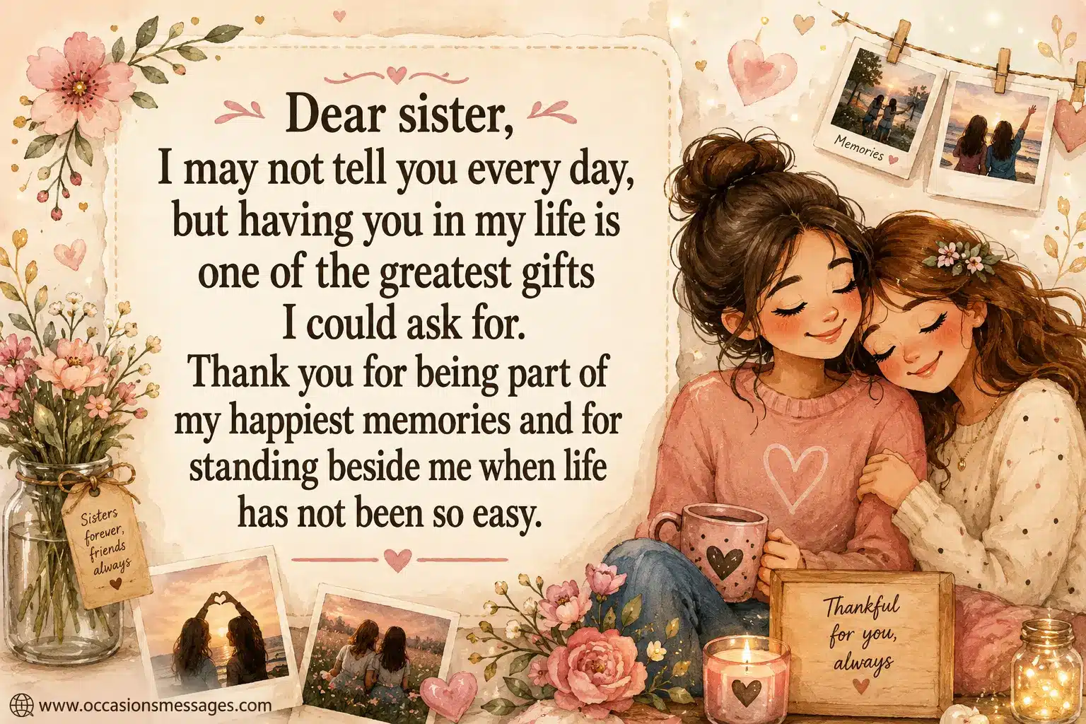 1. Illustrated sisters sharing a warm memory together, surrounded by flowers and keepsakes, expressing gratitude for a sister who brings love, happiness, and support through life.