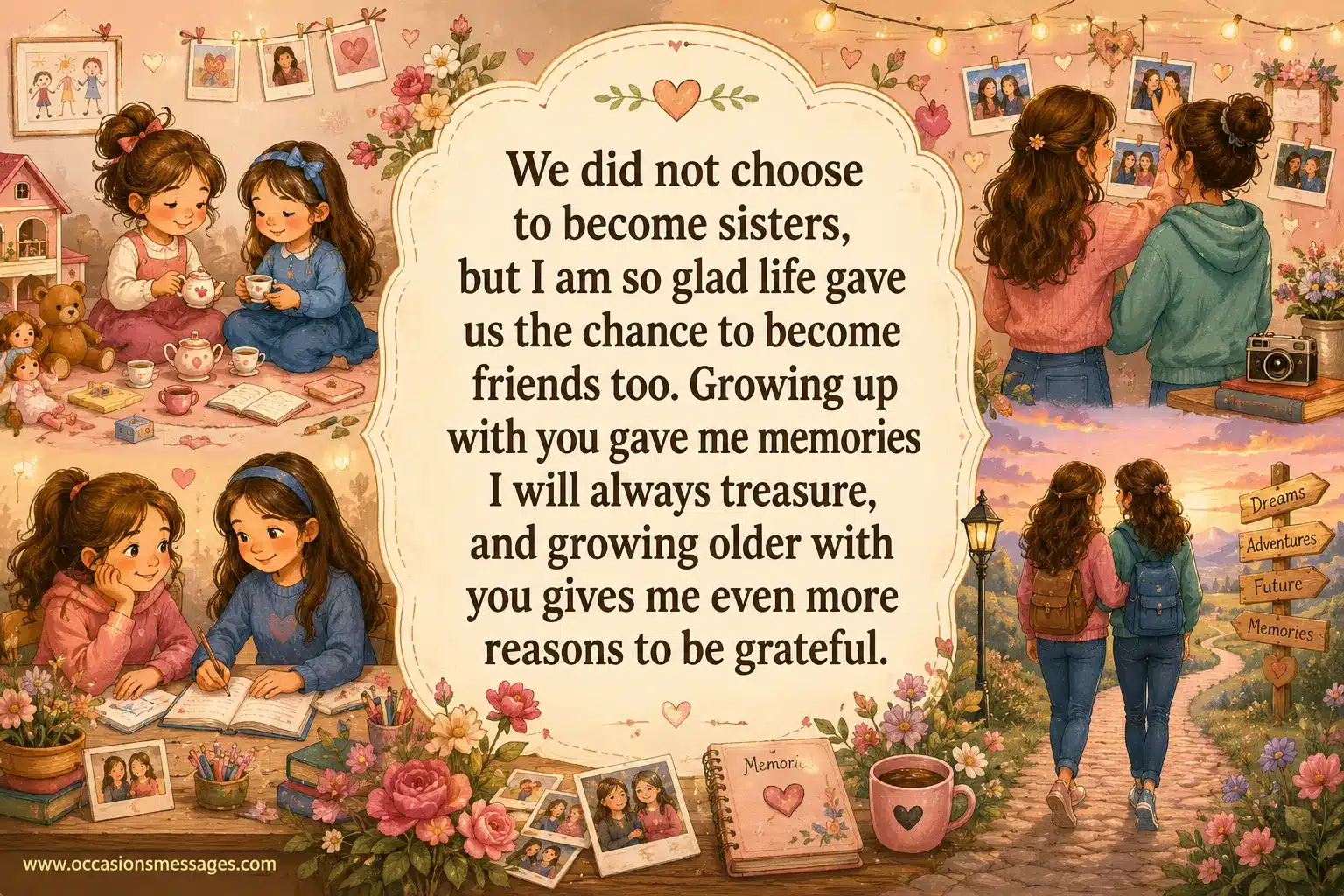 2. Whimsical illustration of two sisters growing from childhood into adulthood together, symbolizing cherished memories, friendship, and gratitude for lifelong sisterhood.