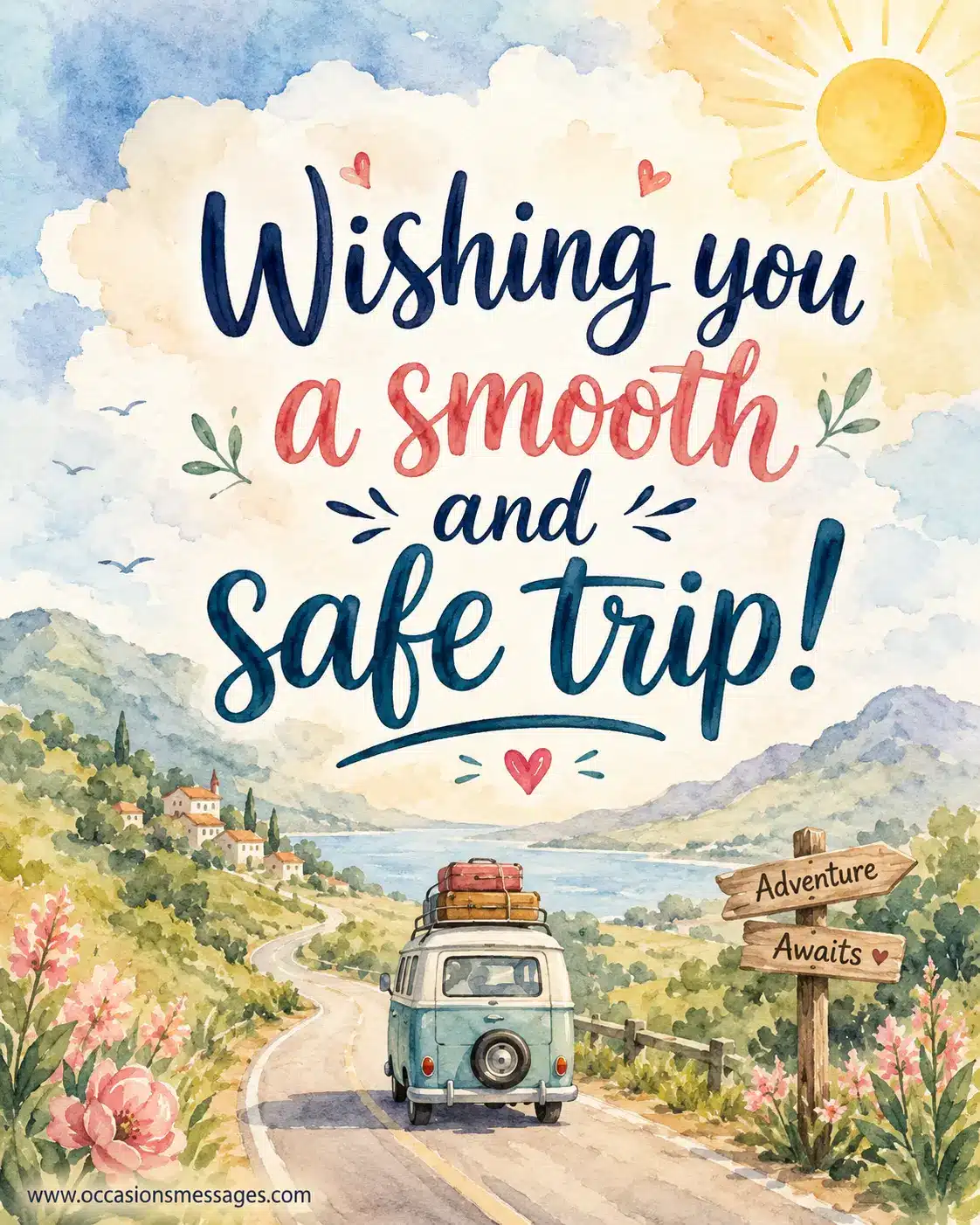 A peaceful watercolor travel scene with a scenic road and gentle hills symbolizing a smooth and safe journey.
