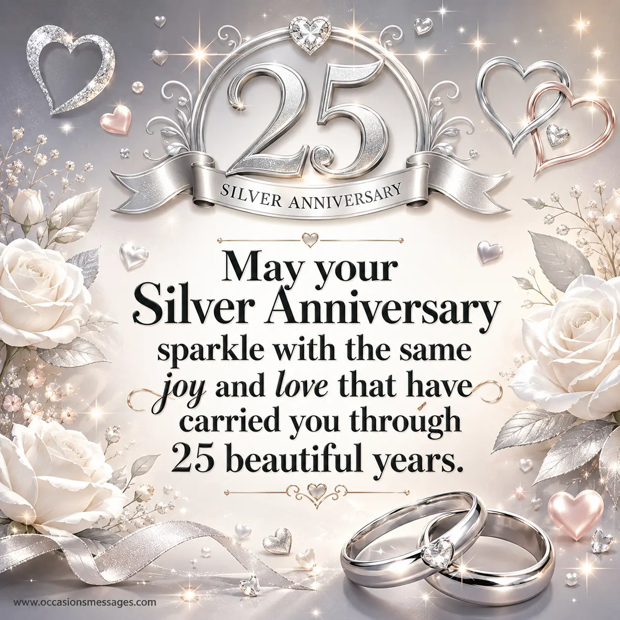 5. Elegant Silver Anniversary artwork with a sparkling 25 emblem, wedding rings, roses, stars, and glowing hearts symbolizing 25 years of joyful and enduring love.