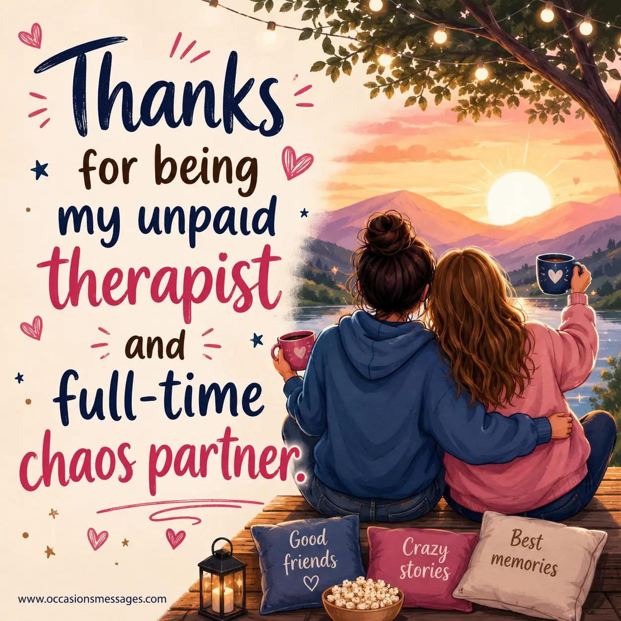 Warm illustrated friends standing together beneath a glowing sky, symbolizing gratitude for unwavering support during difficult times.