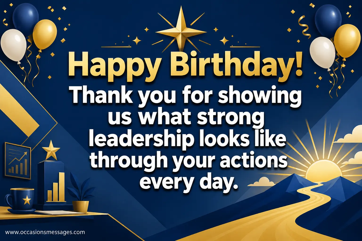 6. Modern vector leadership illustration featuring a guiding star, upward path, and birthday decorations symbolizing strong leadership through everyday actions.
