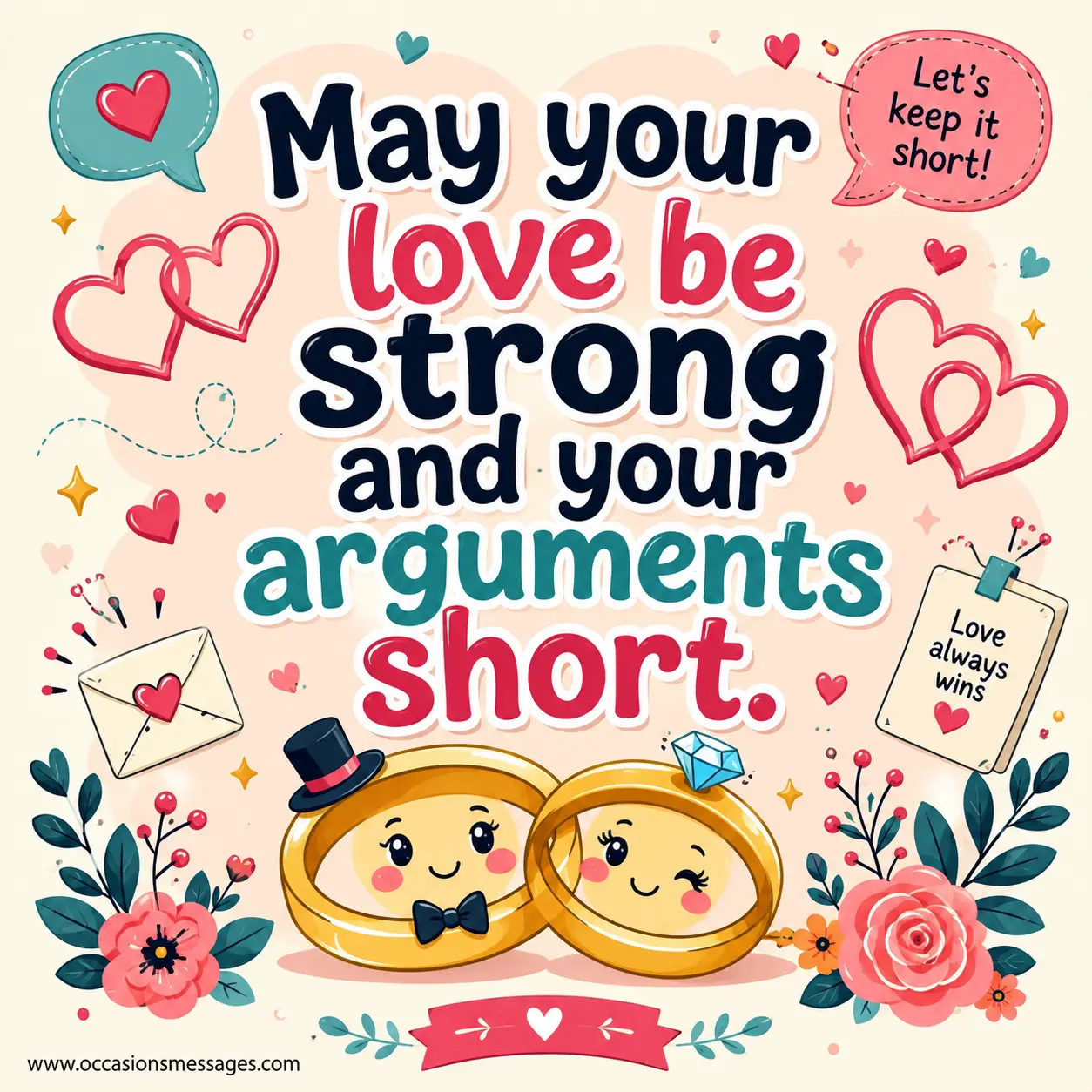 3. Playful cartoon wedding graphic with intertwined rings, hearts, and speech bubbles representing strong love and keeping arguments short.