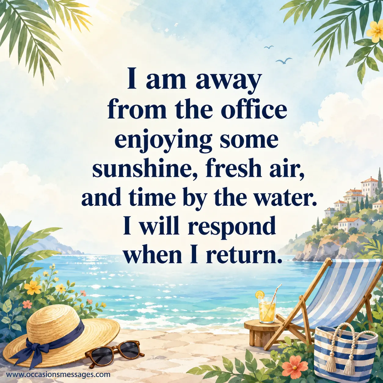 7. Dreamy illustrated seaside vacation scene with sunshine, fresh greenery, water, and a relaxed cartoon traveler, conveying a peaceful break from the office.