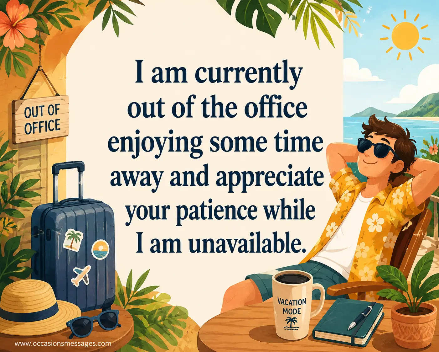 1. Stylized vacation office illustration showing a cartoon professional enjoying time away from work with travel accessories and a relaxing holiday atmosphere, representing an out-of-office vacation message.