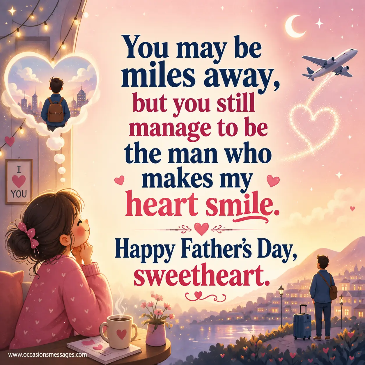 Romantic pastel illustration of a wife thinking lovingly of her distant husband, capturing the happiness he brings to her heart on Father's Day.