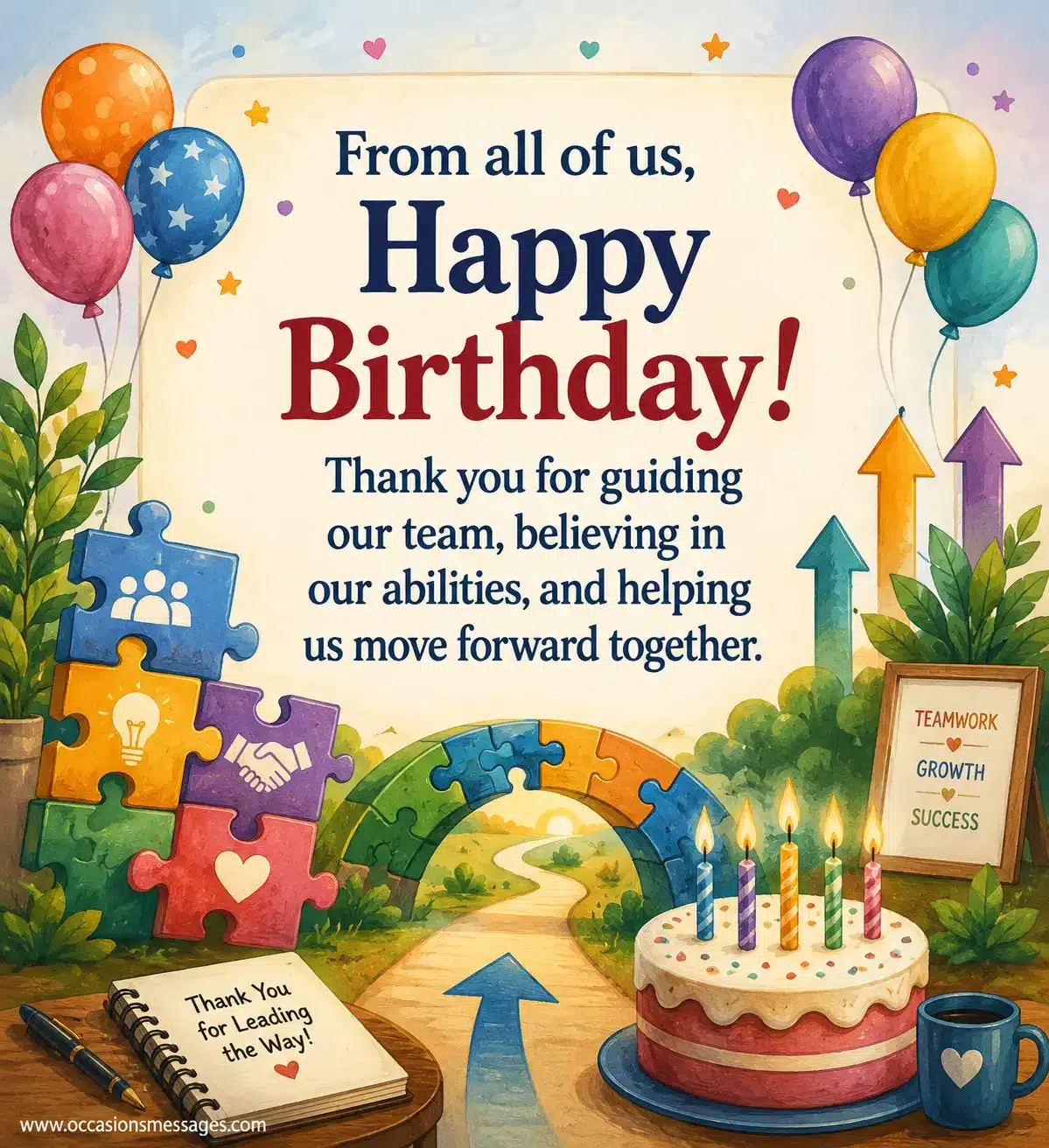 5. Colorful teamwork illustration with puzzle pieces, progress symbols, and birthday decorations representing gratitude for guidance, belief, and shared success.