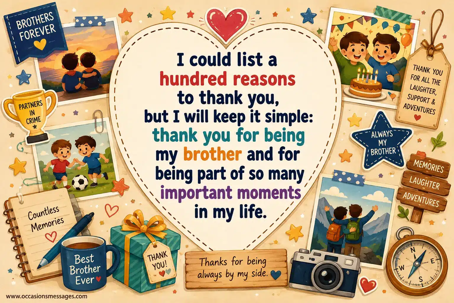 Colorful scrapbook-style brotherhood illustration filled with family memories, celebrations, adventures, and keepsakes, expressing sincere thanks for a brother.