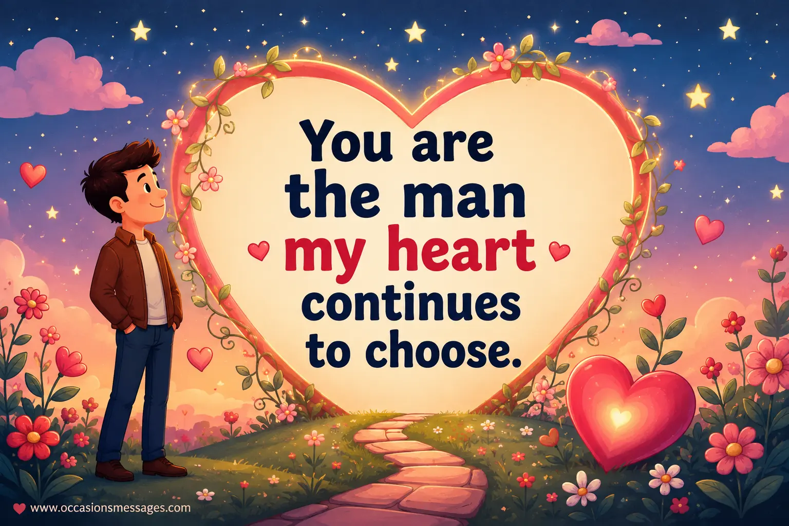Romantic cartoon illustration of a man beside a glowing heart and flowers, expressing the devotion of choosing the same person with love again and again.