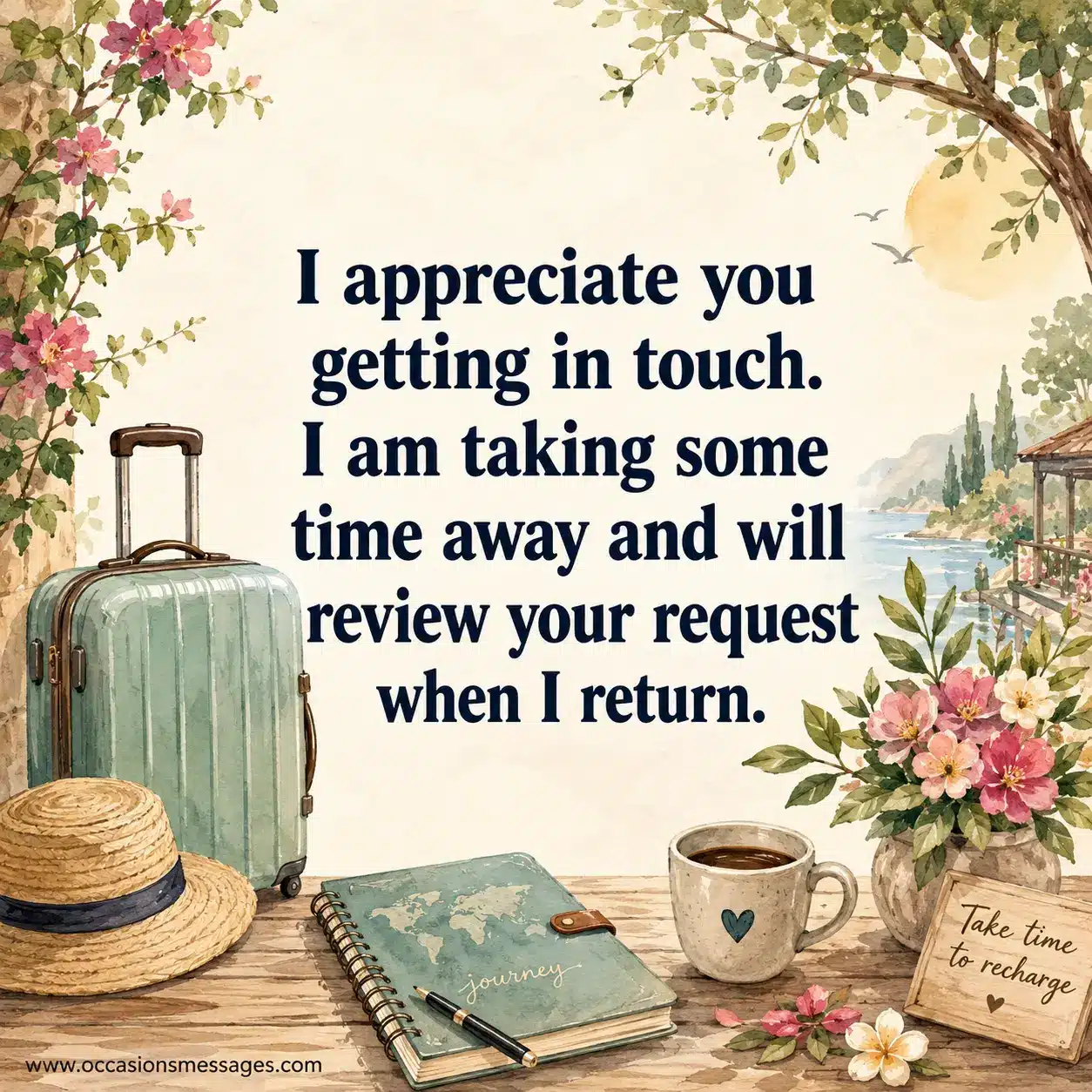 5. Soft watercolor-style vacation illustration showing a stylized professional enjoying a peaceful retreat with flowers, travel items, and warm sunlight, conveying a temporary work absence.