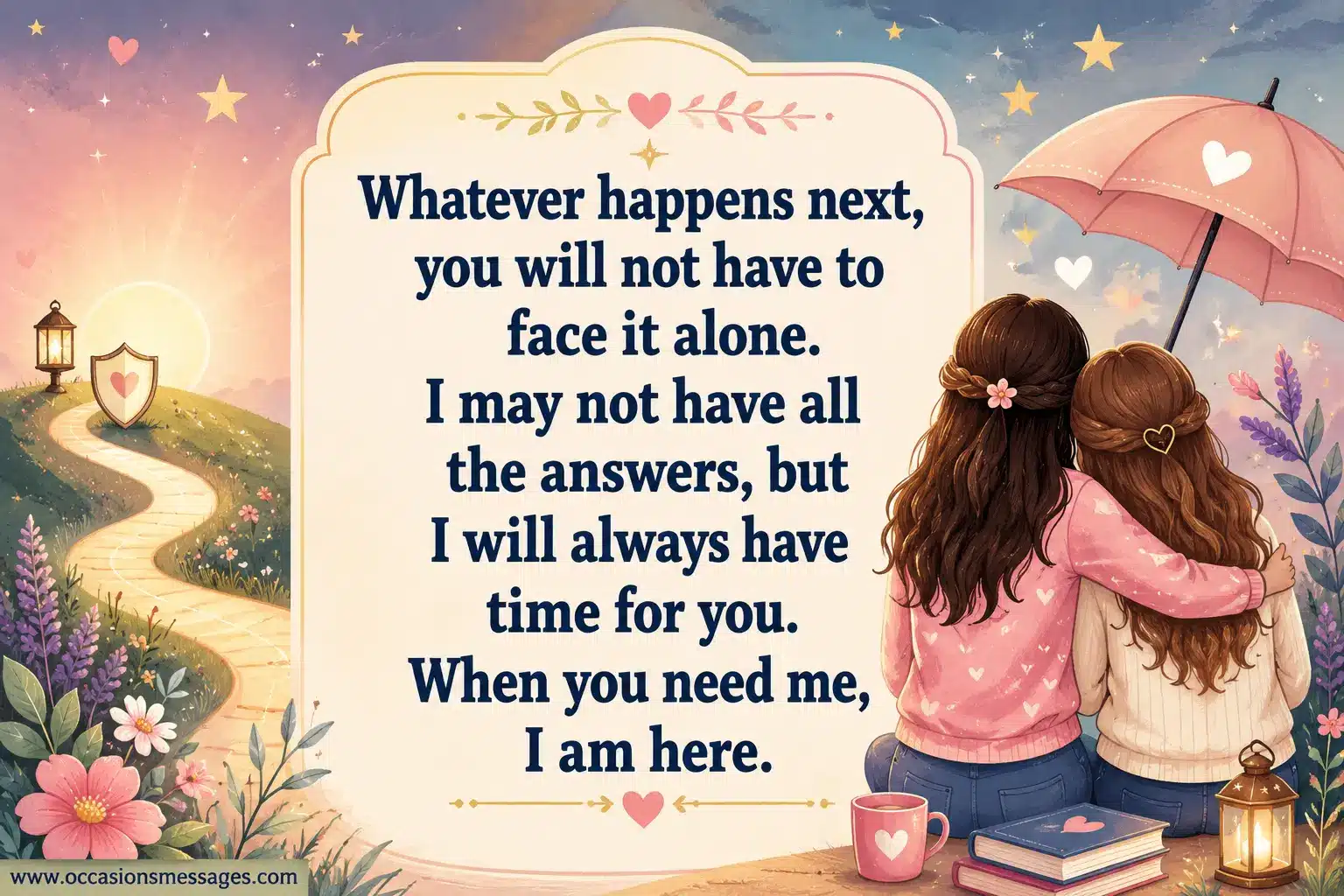 6. Gentle illustrated scene of two sisters supporting each other along a hopeful path, symbolizing unconditional love, reassurance, companionship, and always being there when needed.